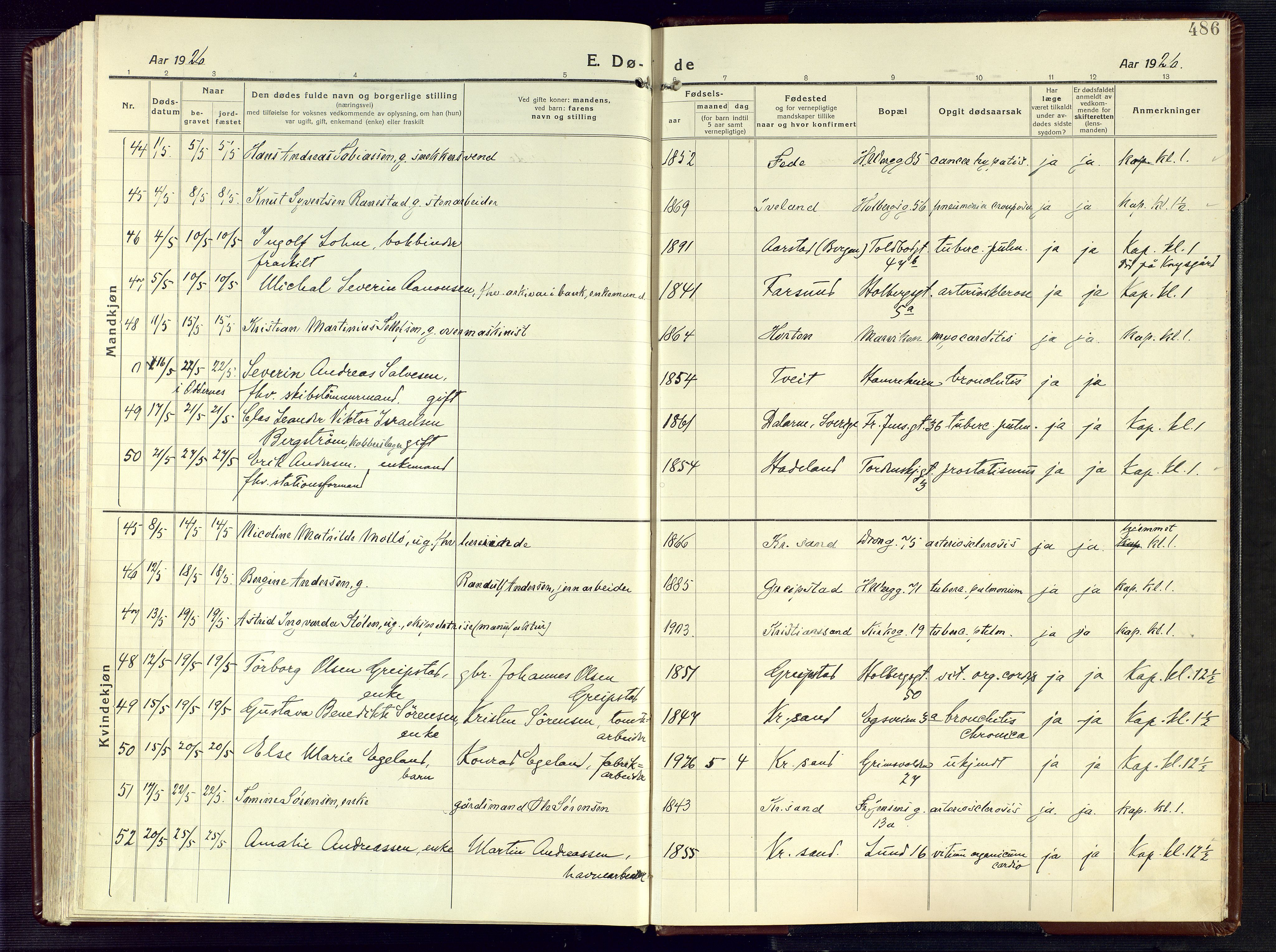 Kristiansand domprosti, AV/SAK-1112-0006/F/Fa/L0028: Parish register (official) no. A 27, 1917-1926, p. 486