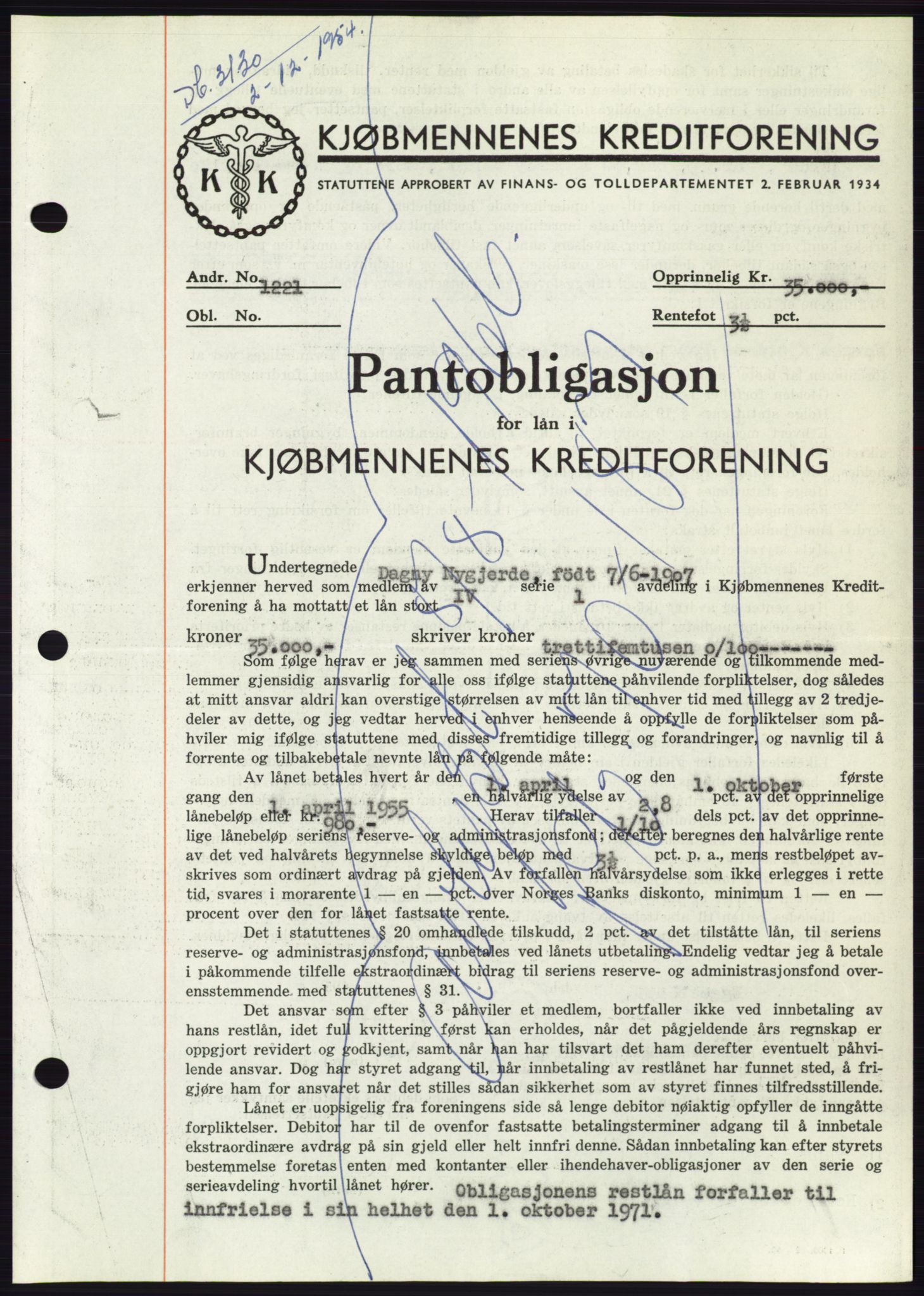 Søre Sunnmøre sorenskriveri, AV/SAT-A-4122/1/2/2C/L0126: Mortgage book no. 14B, 1954-1955, Diary no: : 3130/1954