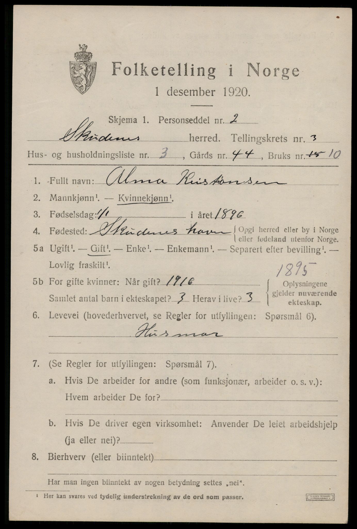 SAST, 1920 census for Skudenes, 1920, p. 2490