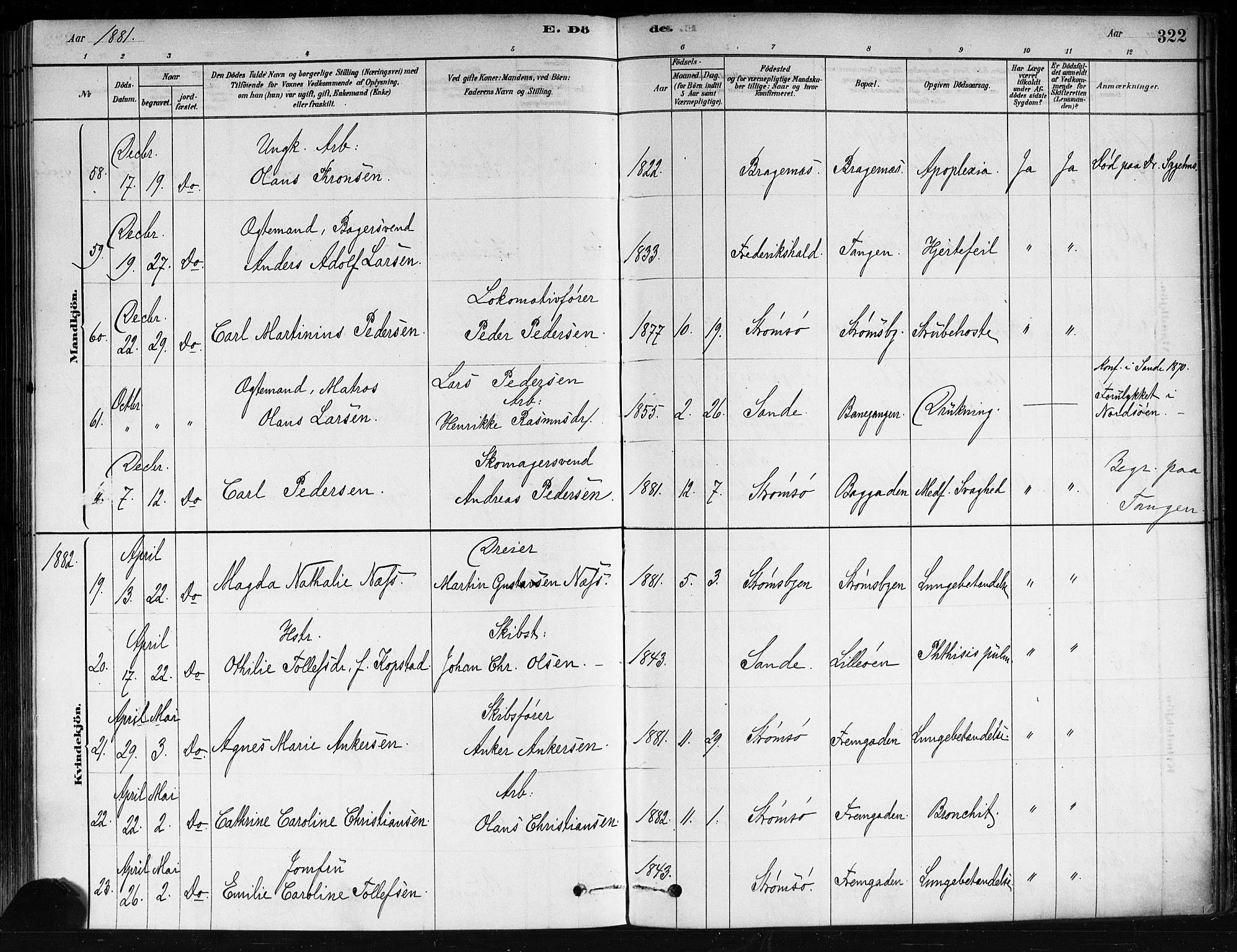 Strømsø kirkebøker, AV/SAKO-A-246/F/Fa/L0021: Parish register (official) no. I 21, 1878-1885, p. 322