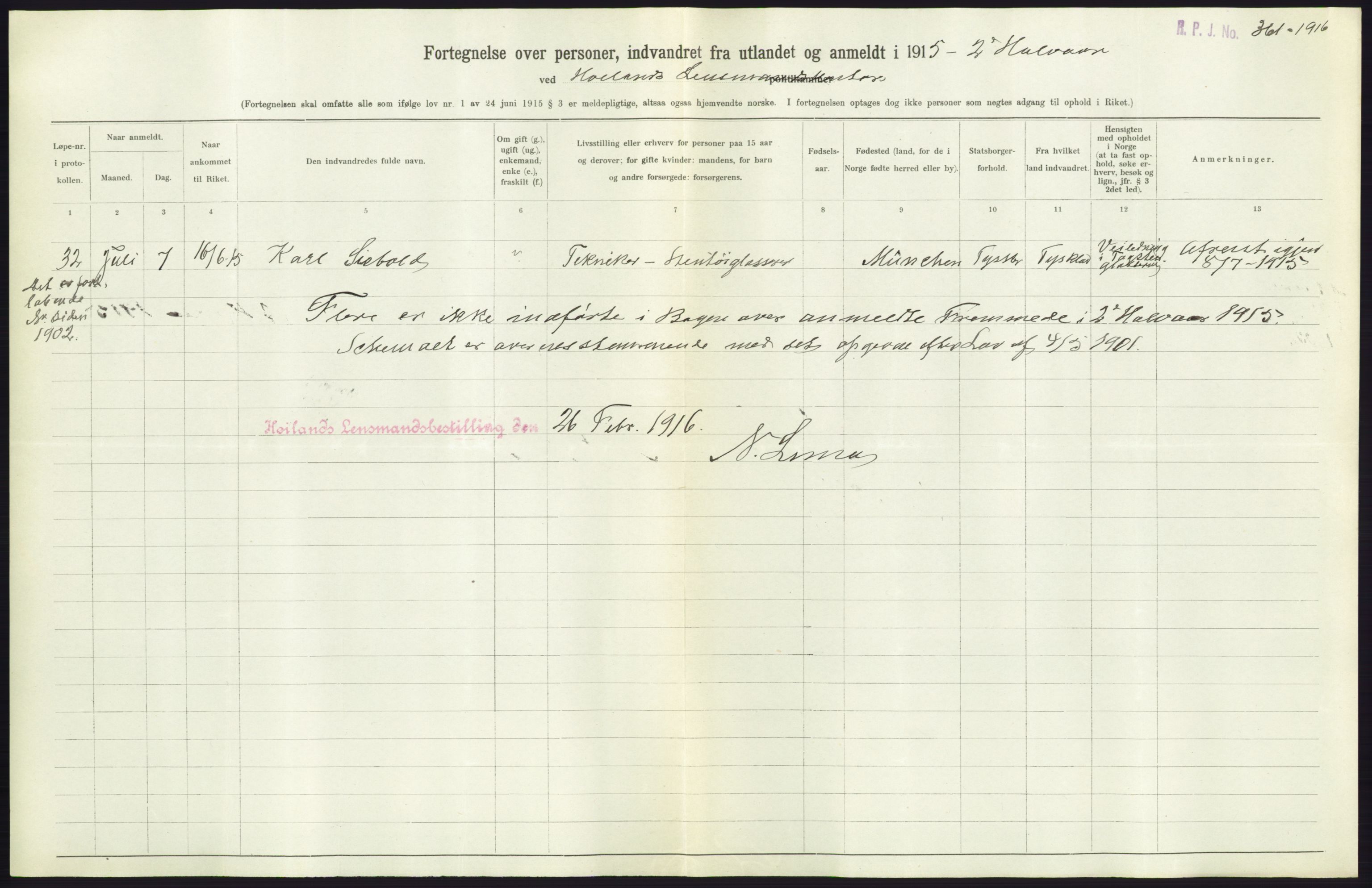 Statistisk sentralbyrå, Sosioøkonomiske emner, Folketellinger, boliger og boforhold, AV/RA-S-2231/F/Fa/L0001: Innvandring. Navn/fylkesvis, 1915, p. 382