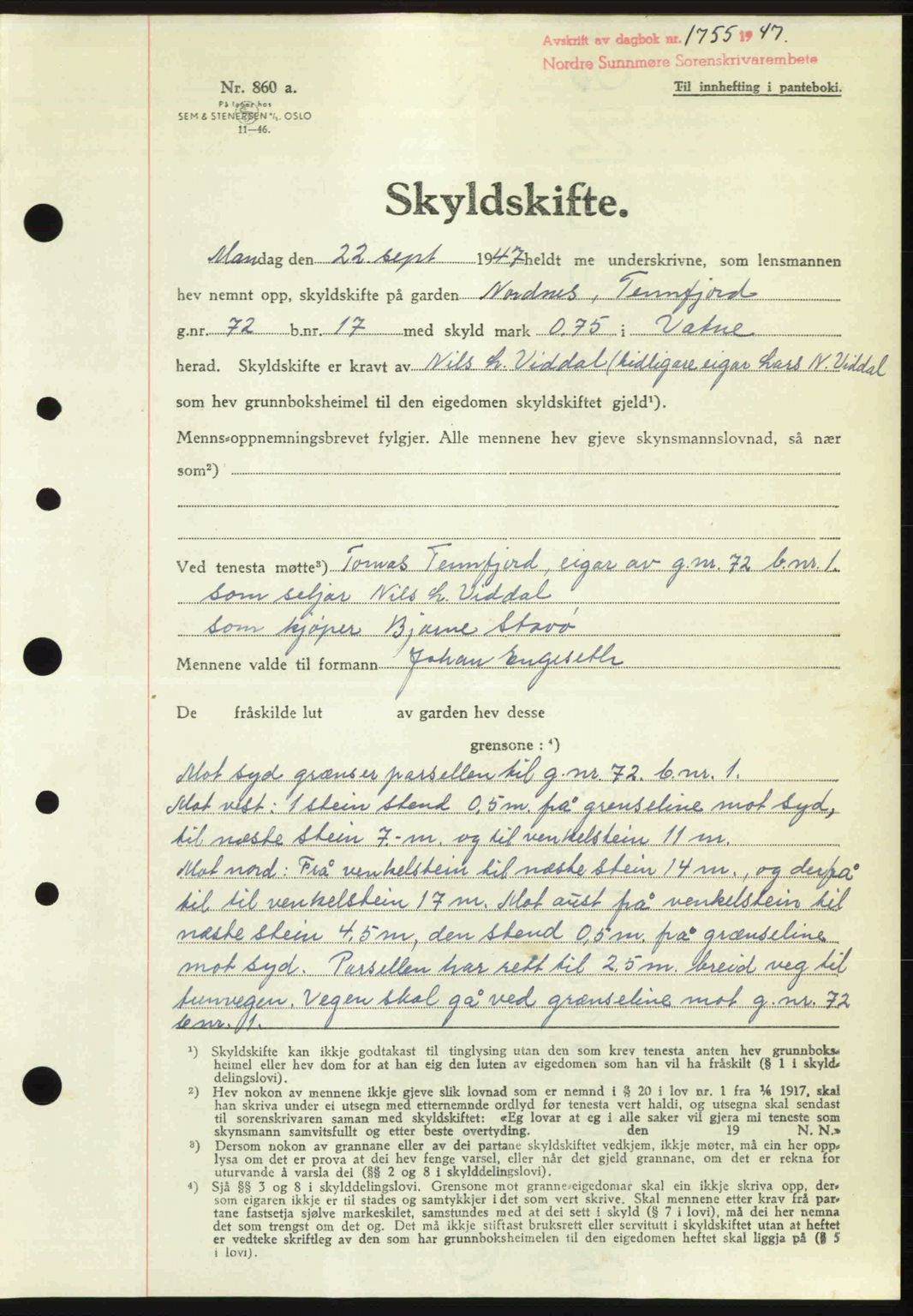 Nordre Sunnmøre sorenskriveri, AV/SAT-A-0006/1/2/2C/2Ca: Mortgage book no. A25, 1947-1947, Diary no: : 1755/1947