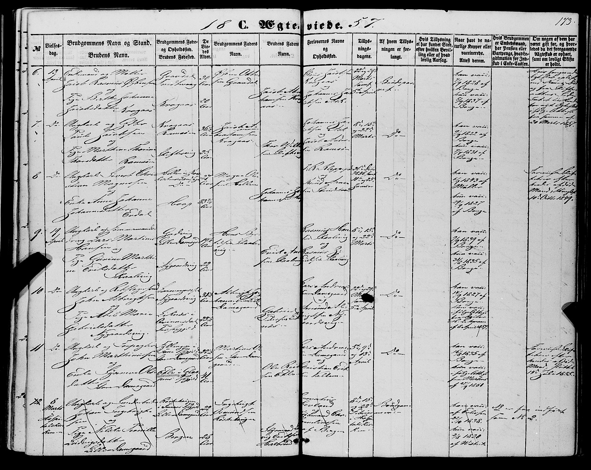 Askøy Sokneprestembete, AV/SAB-A-74101/H/Ha/Haa/Haaa/L0008: Parish register (official) no. A 8, 1852-1862, p. 173