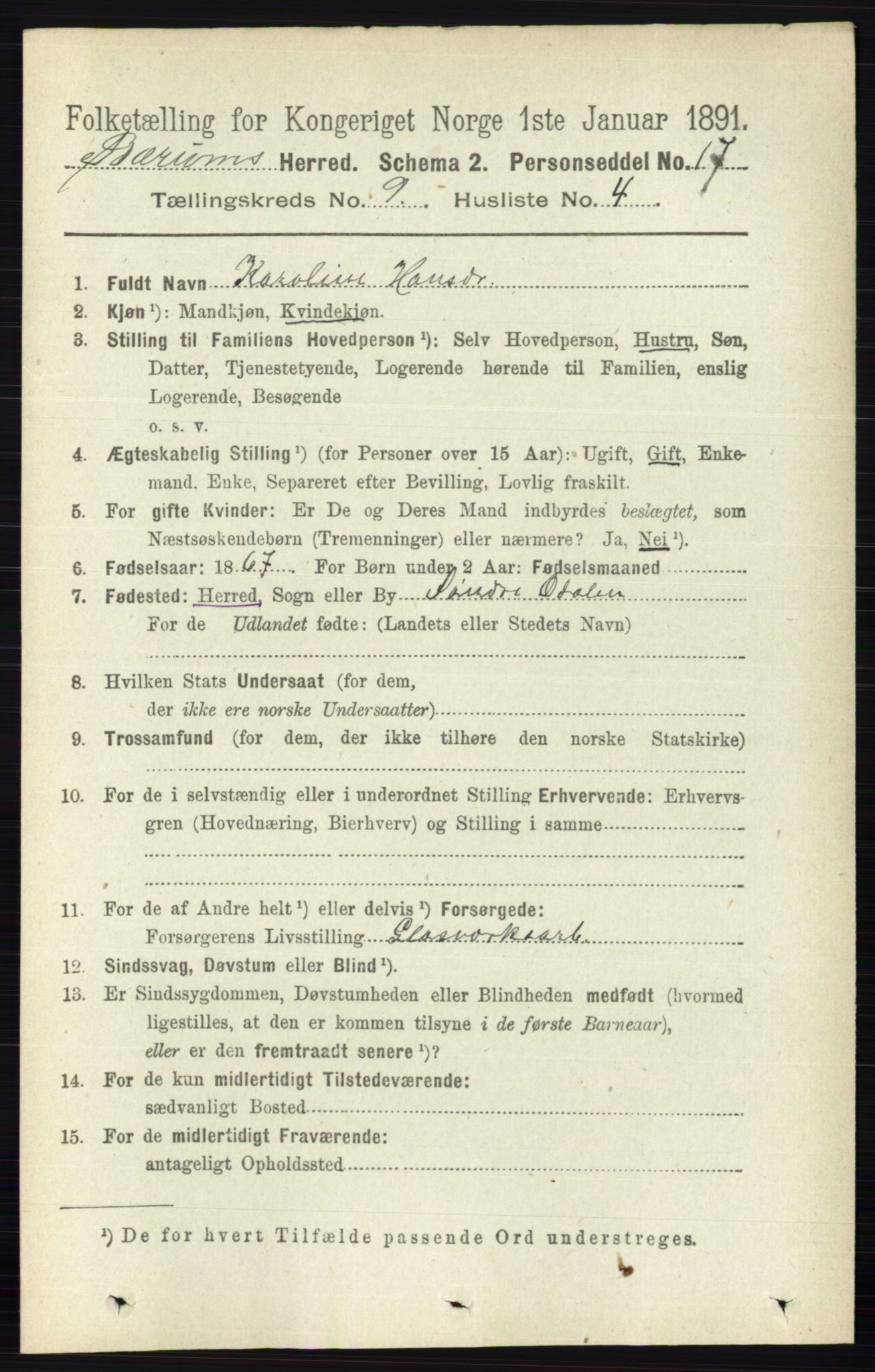 RA, 1891 census for 0219 Bærum, 1891, p. 5167