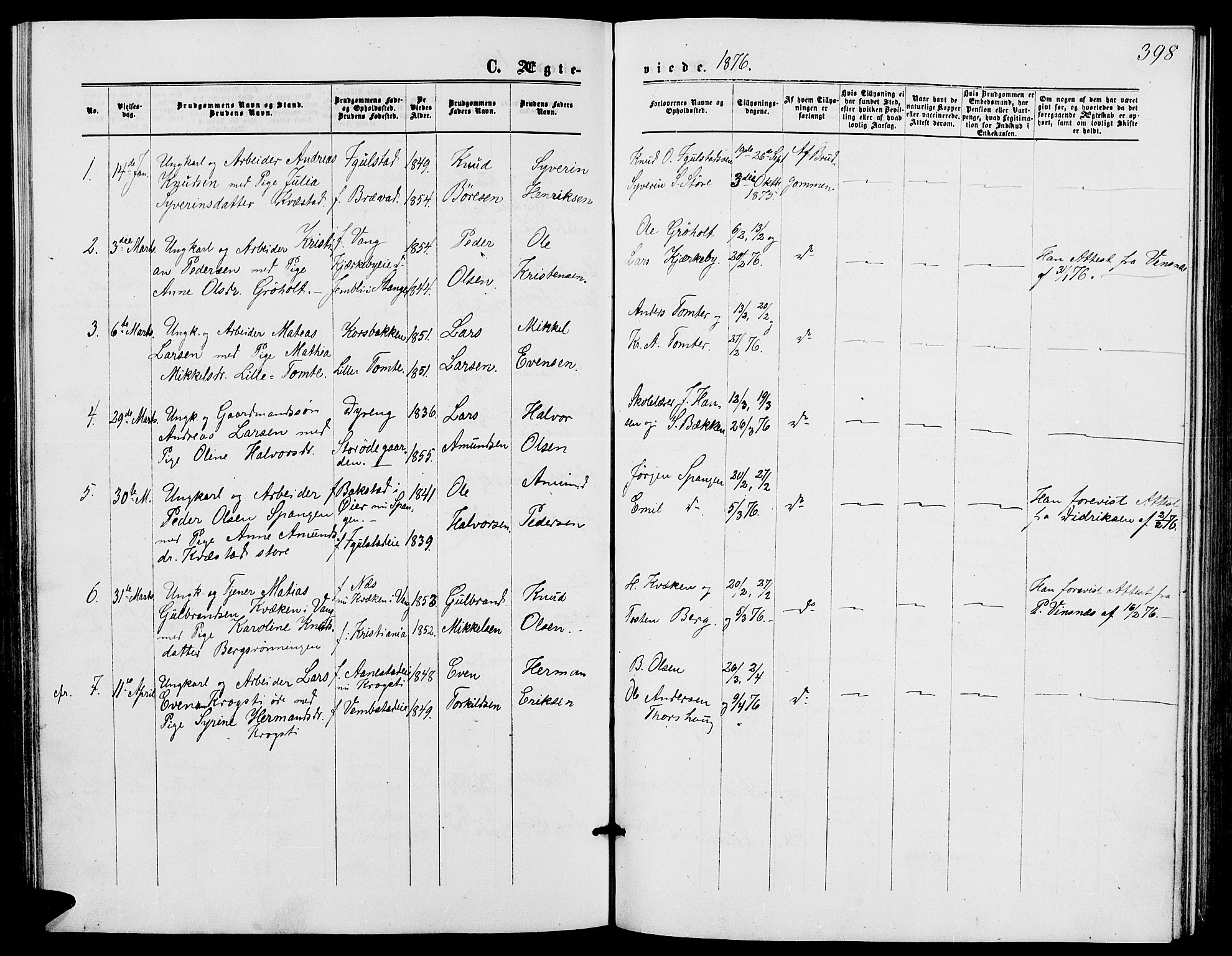Løten prestekontor, SAH/PREST-022/L/La/L0004: Parish register (copy) no. 4, 1863-1877, p. 398