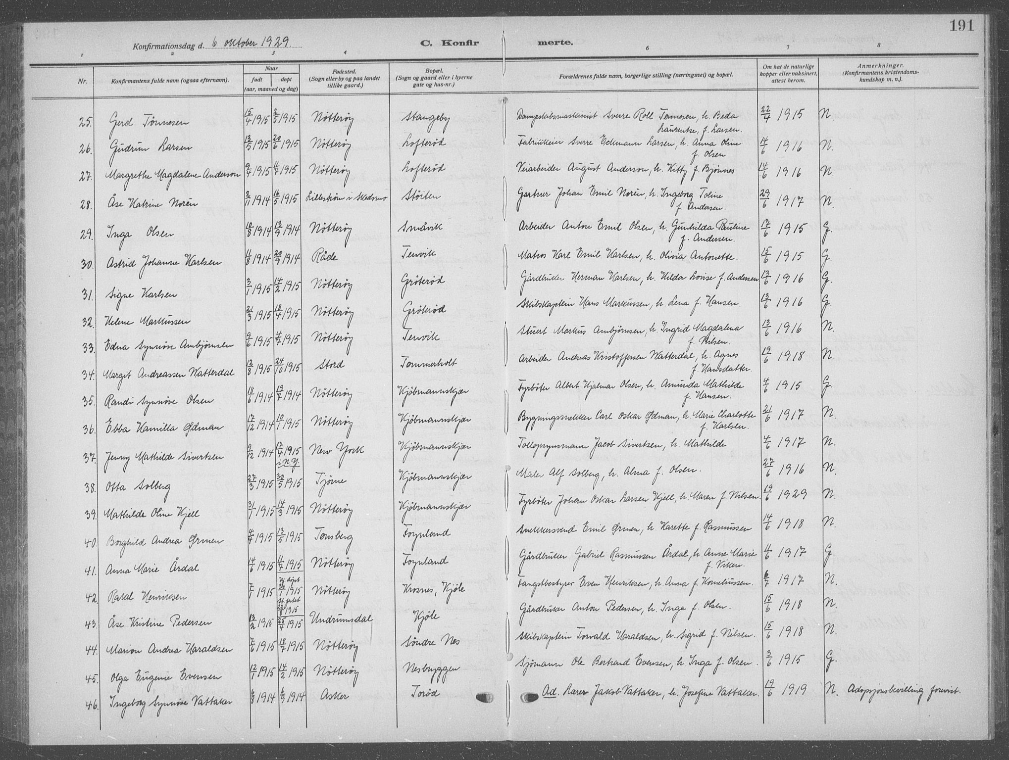 Nøtterøy kirkebøker, AV/SAKO-A-354/G/Ga/L0006: Parish register (copy) no. I 6, 1925-1939, p. 191