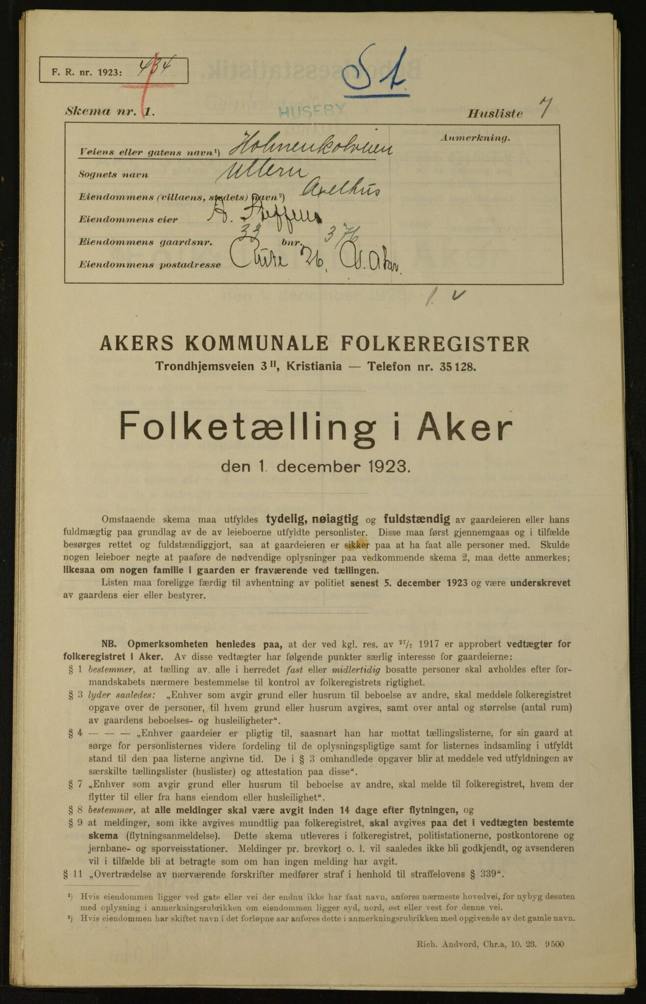 , Municipal Census 1923 for Aker, 1923, p. 2685