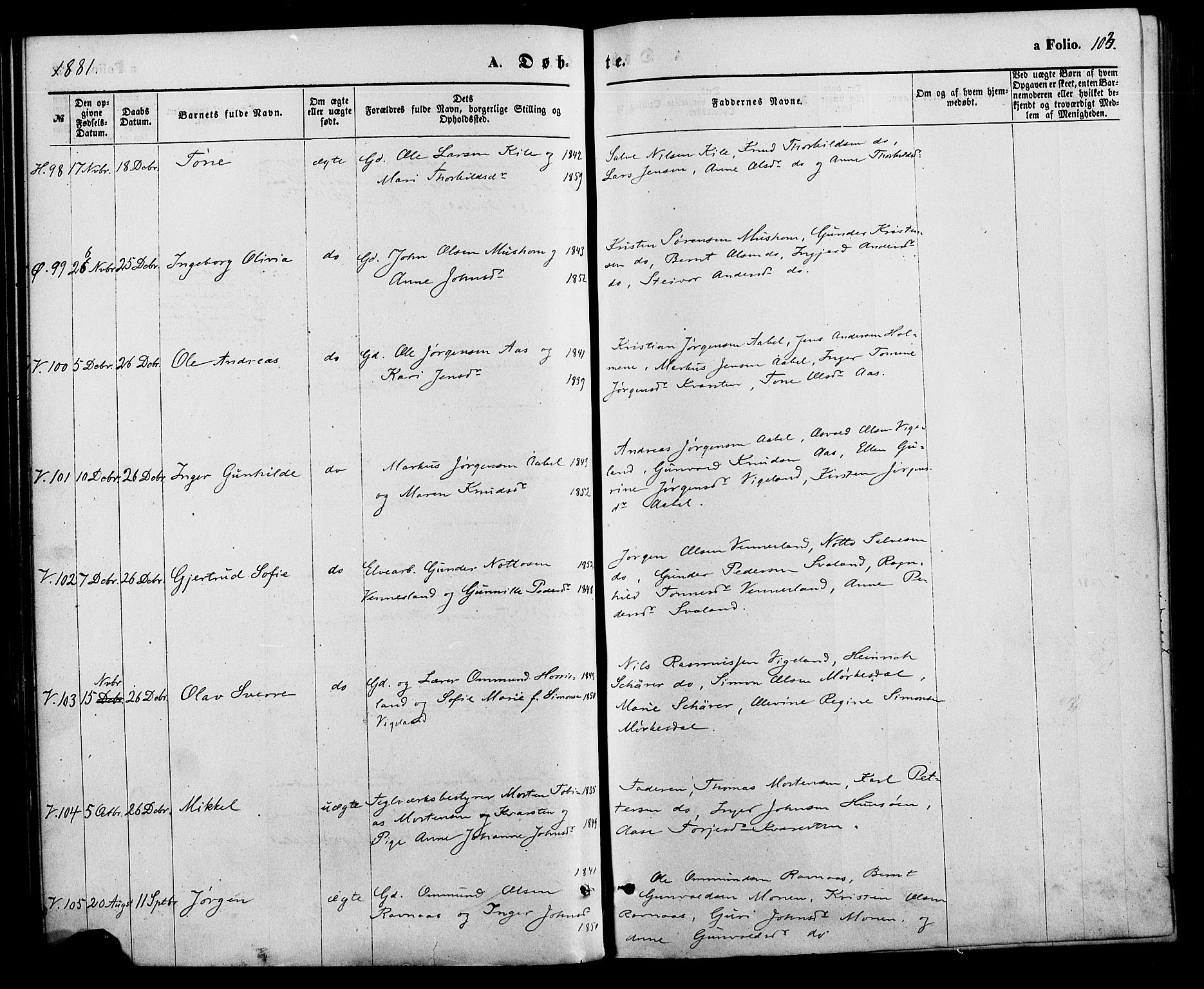 Vennesla sokneprestkontor, AV/SAK-1111-0045/Fa/Fac/L0008: Parish register (official) no. A 8, 1874-1883, p. 103