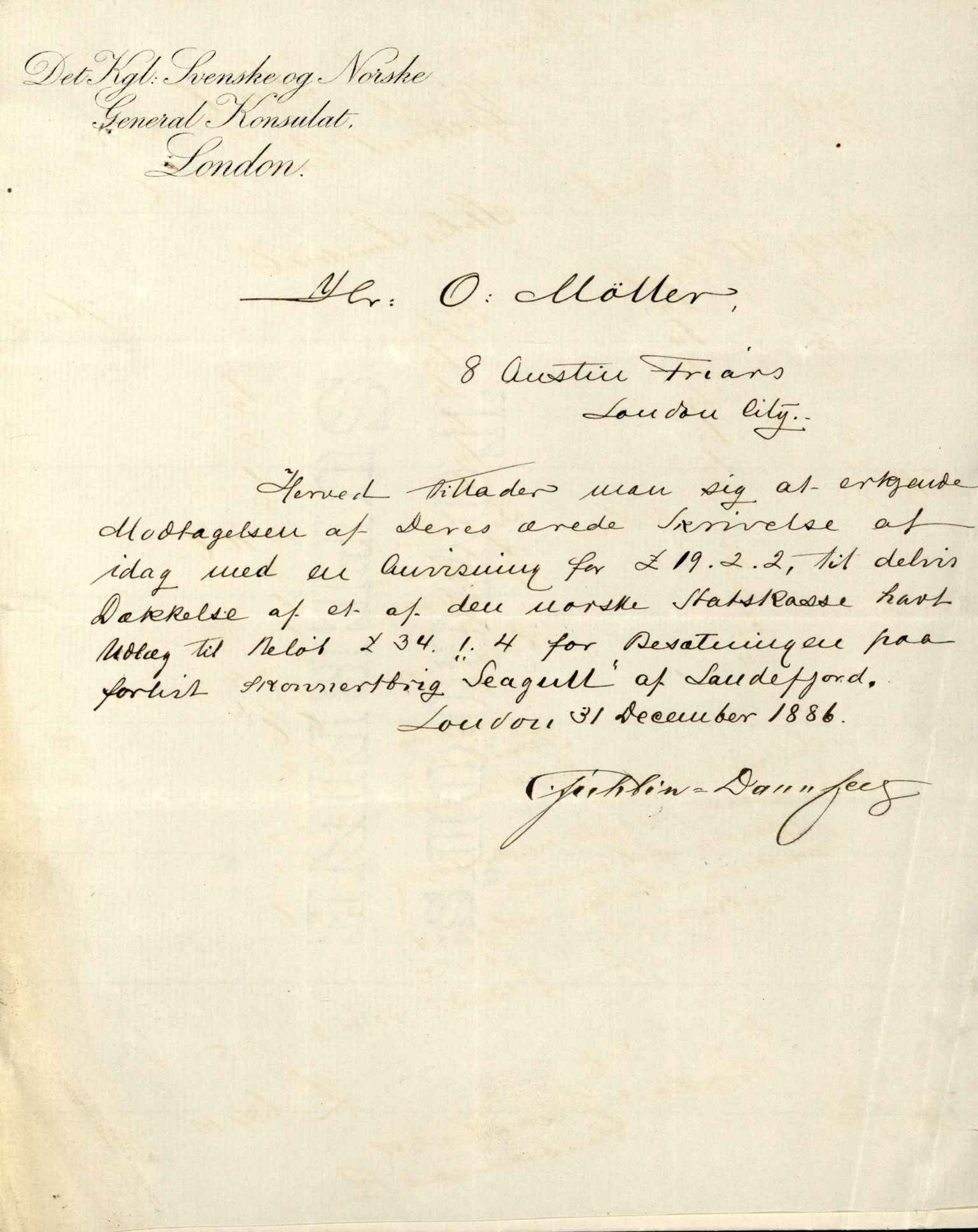 Pa 63 - Østlandske skibsassuranceforening, VEMU/A-1079/G/Ga/L0019/0009: Havaridokumenter / Føyenland, Glengairn, Granfos, Seagull, 1886, p. 93