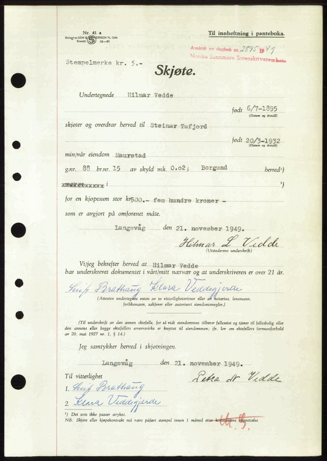 Nordre Sunnmøre sorenskriveri, AV/SAT-A-0006/1/2/2C/2Ca: Mortgage book no. A33, 1949-1950, Diary no: : 2895/1949