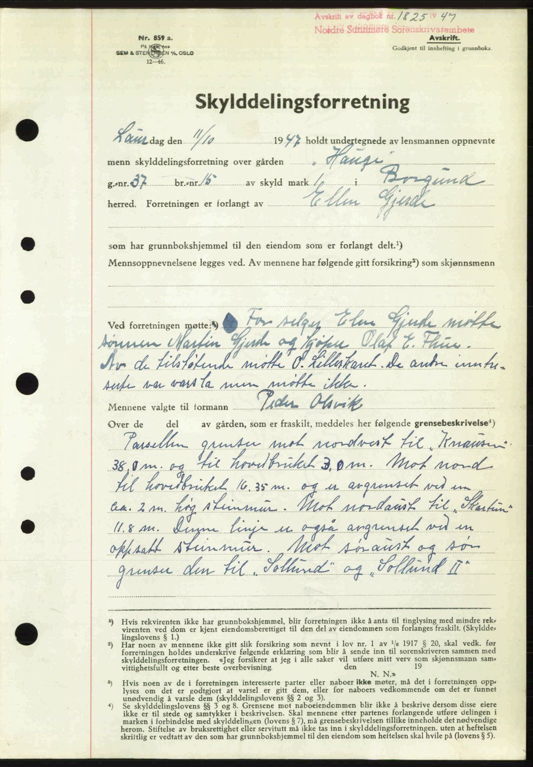 Nordre Sunnmøre sorenskriveri, AV/SAT-A-0006/1/2/2C/2Ca: Mortgage book no. A25, 1947-1947, Diary no: : 1825/1947