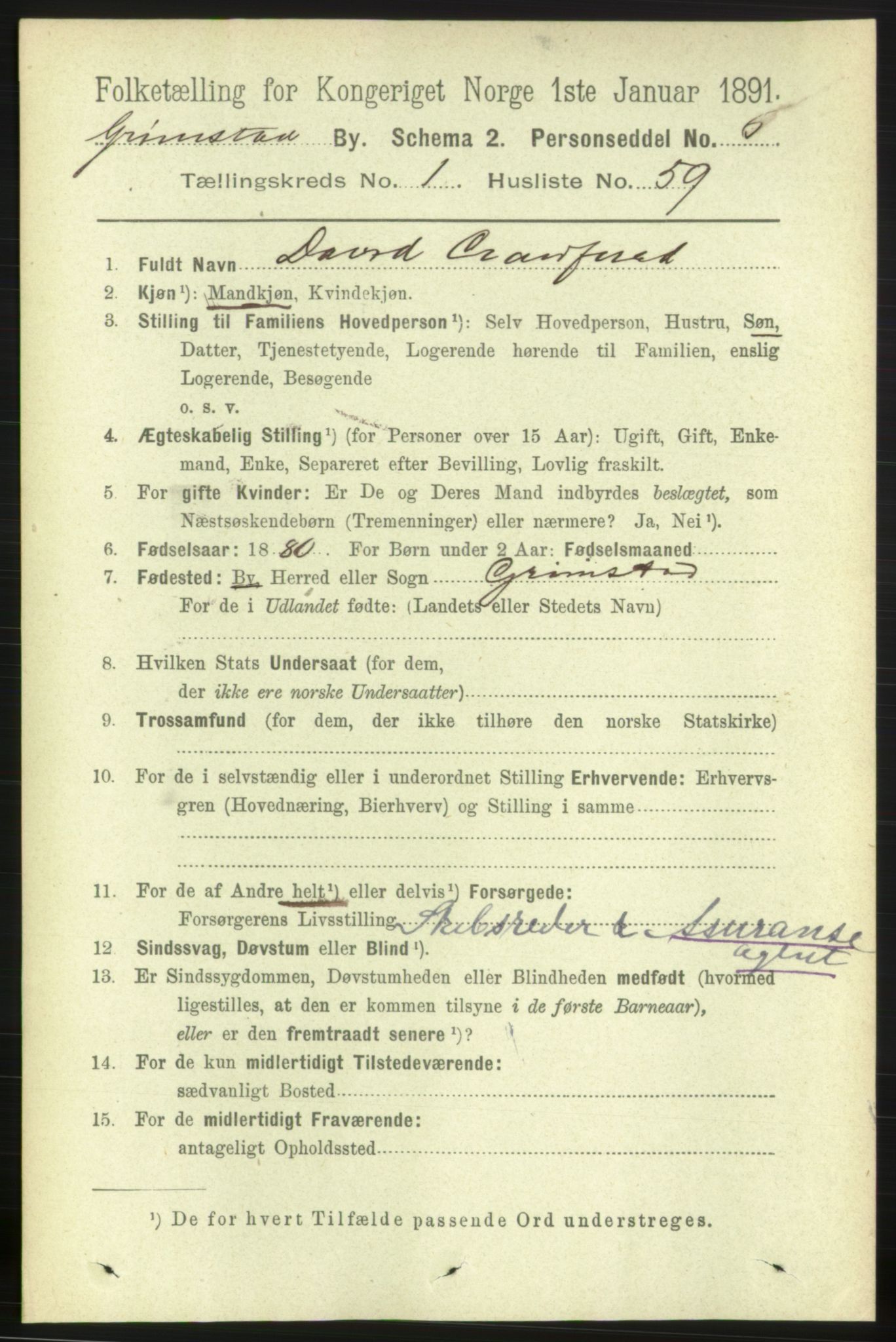 RA, 1891 census for 0904 Grimstad, 1891, p. 1434