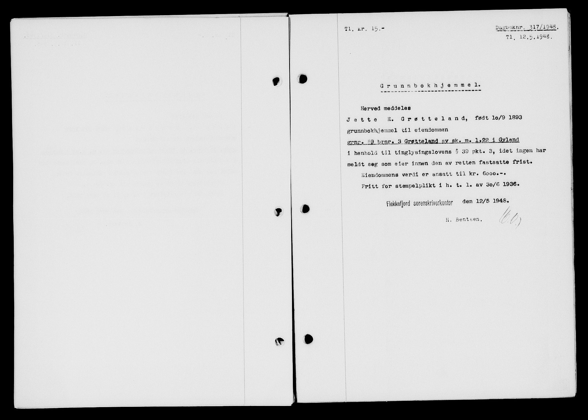 Flekkefjord sorenskriveri, SAK/1221-0001/G/Gb/Gba/L0063: Mortgage book no. A-11, 1947-1948, Diary no: : 317/1948