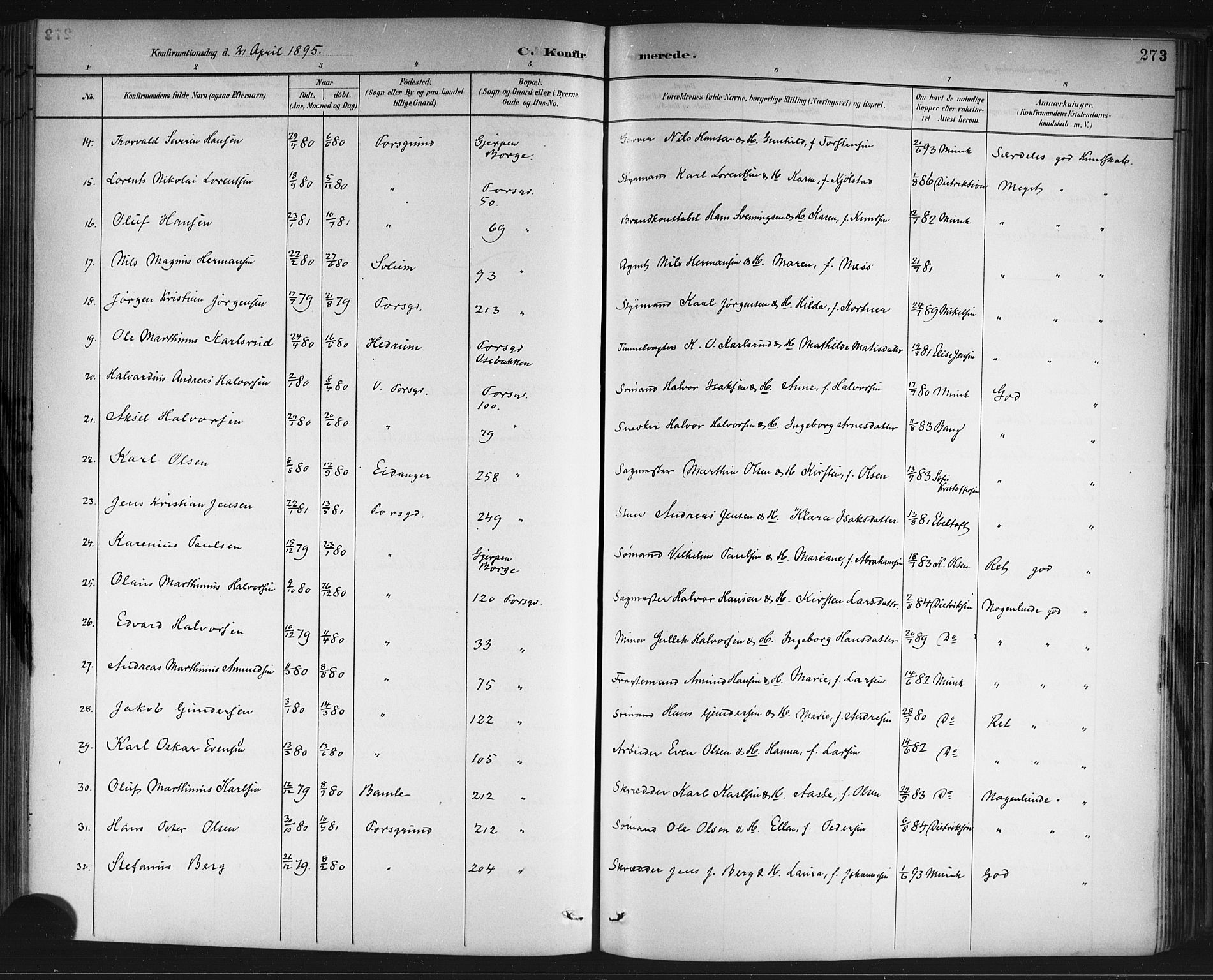 Porsgrunn kirkebøker , SAKO/A-104/G/Gb/L0005: Parish register (copy) no. II 5, 1883-1915, p. 273