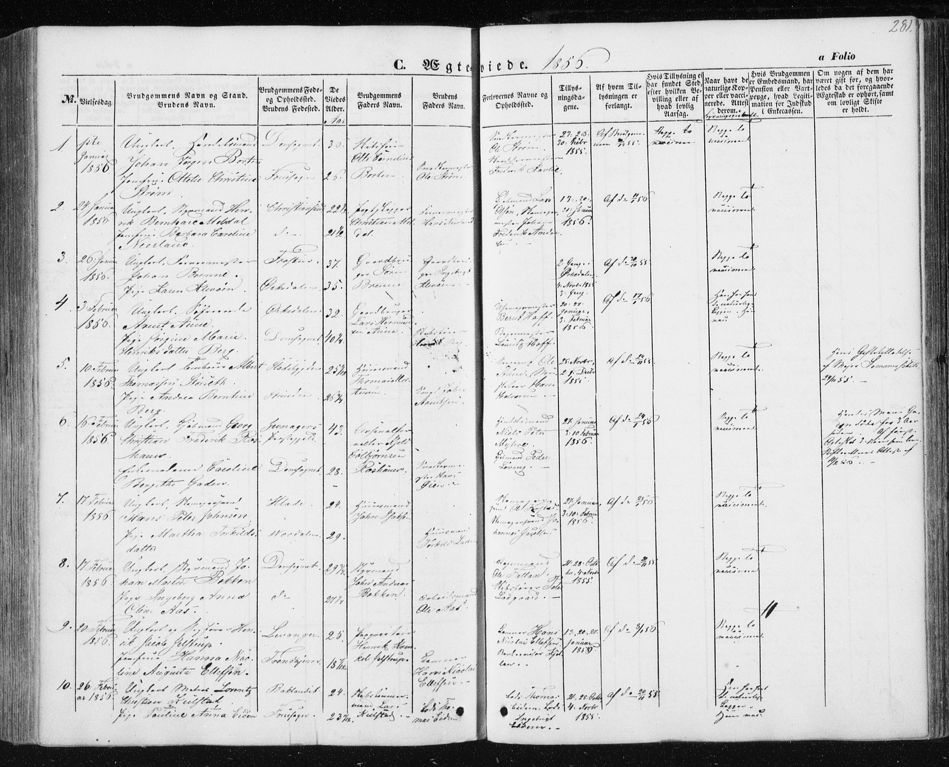 Ministerialprotokoller, klokkerbøker og fødselsregistre - Sør-Trøndelag, SAT/A-1456/602/L0112: Parish register (official) no. 602A10, 1848-1859, p. 281