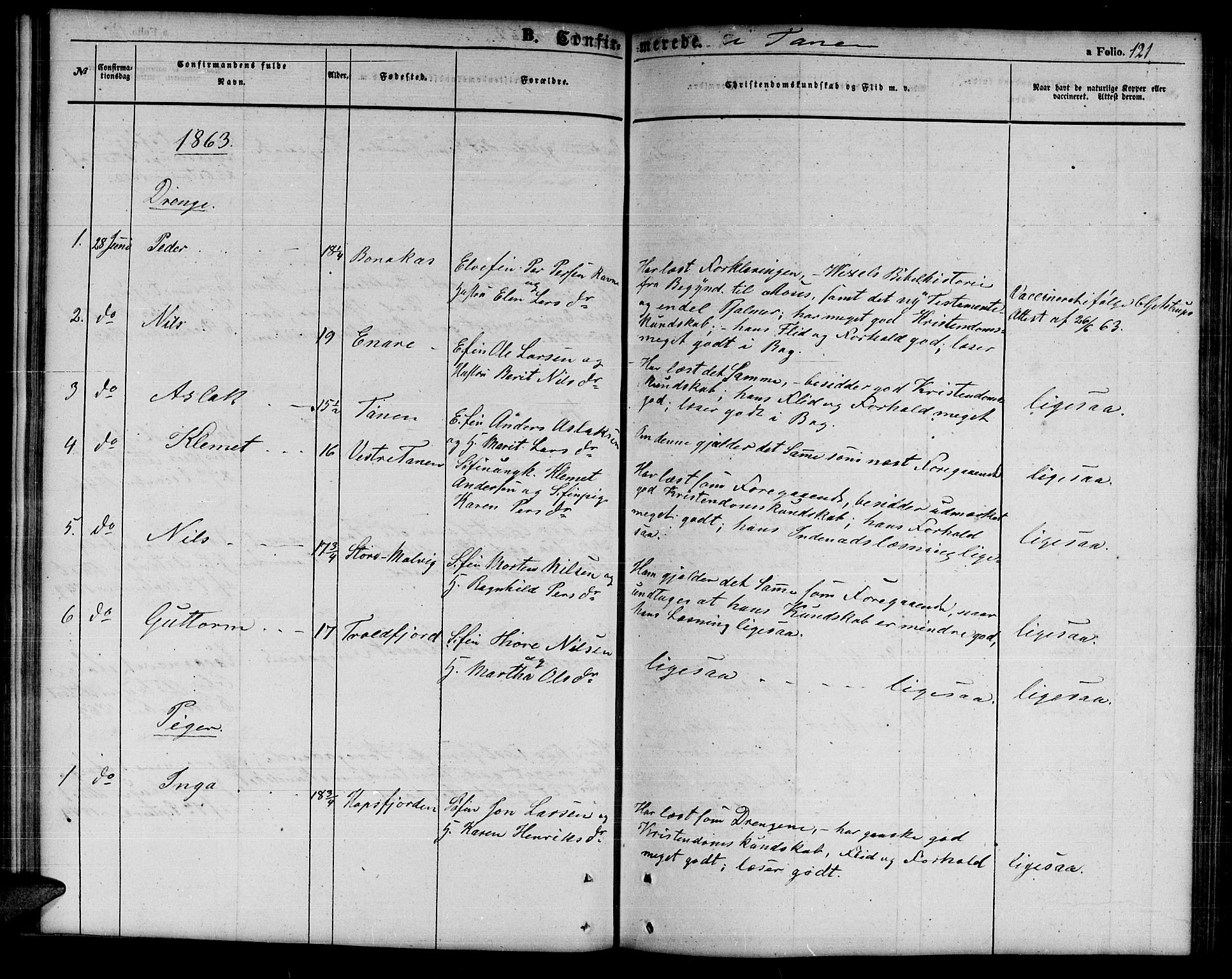 Tana sokneprestkontor, SATØ/S-1334/H/Hb/L0001klokker: Parish register (copy) no. 1 /1, 1853-1867, p. 121