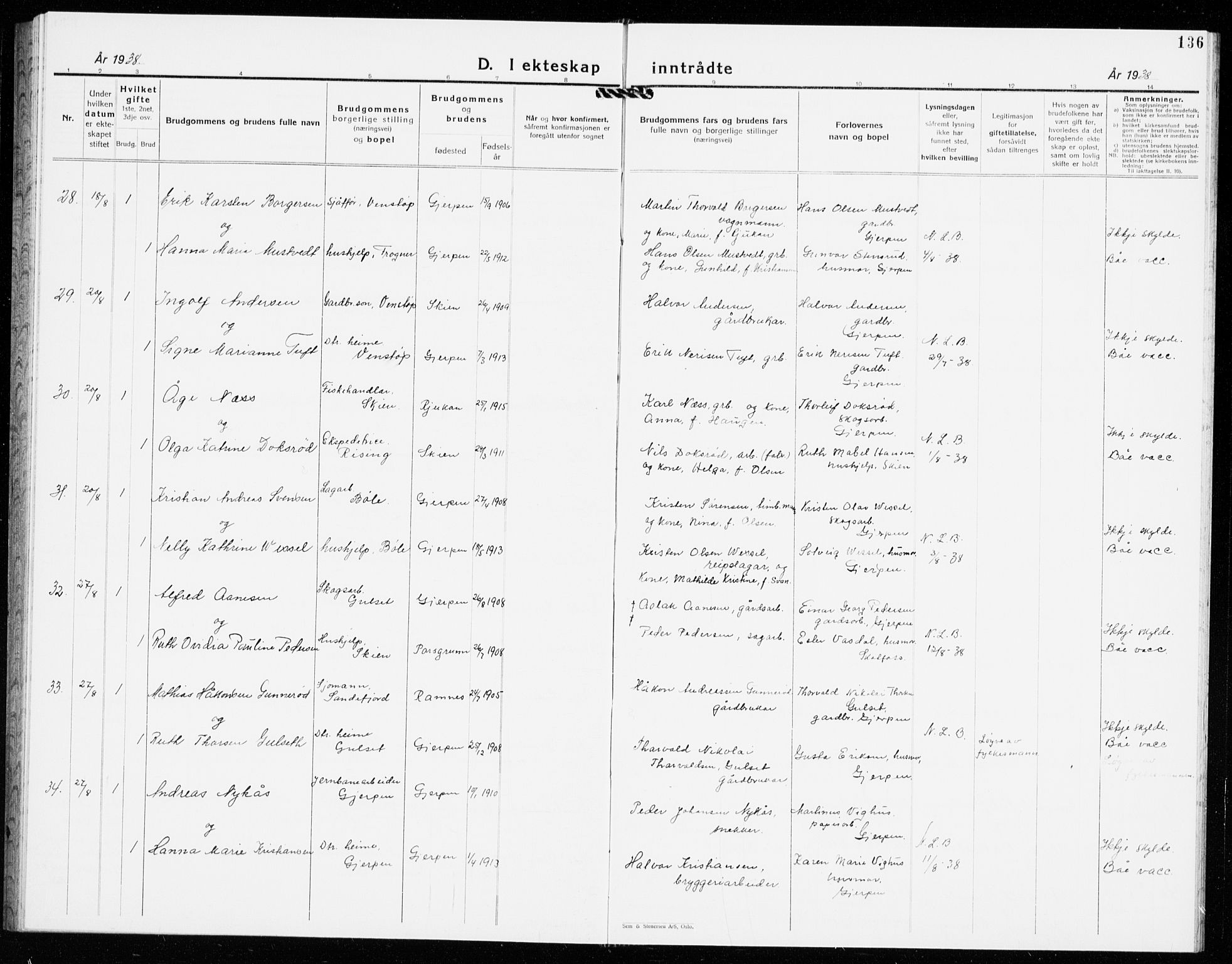 Gjerpen kirkebøker, AV/SAKO-A-265/G/Ga/L0005: Parish register (copy) no. I 5, 1932-1940, p. 136