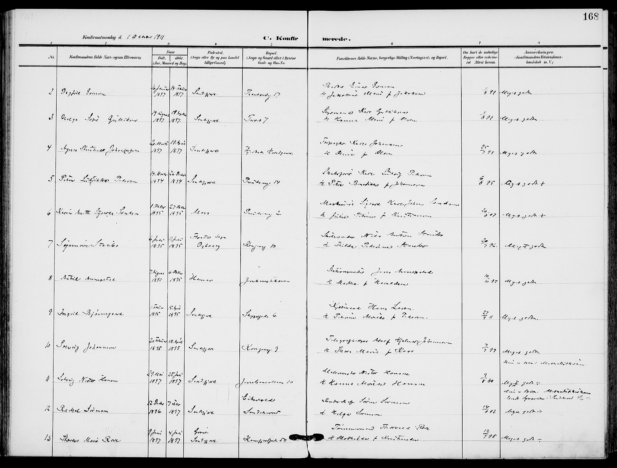 Sandefjord kirkebøker, AV/SAKO-A-315/F/Fa/L0005: Parish register (official) no. 5, 1906-1915, p. 168