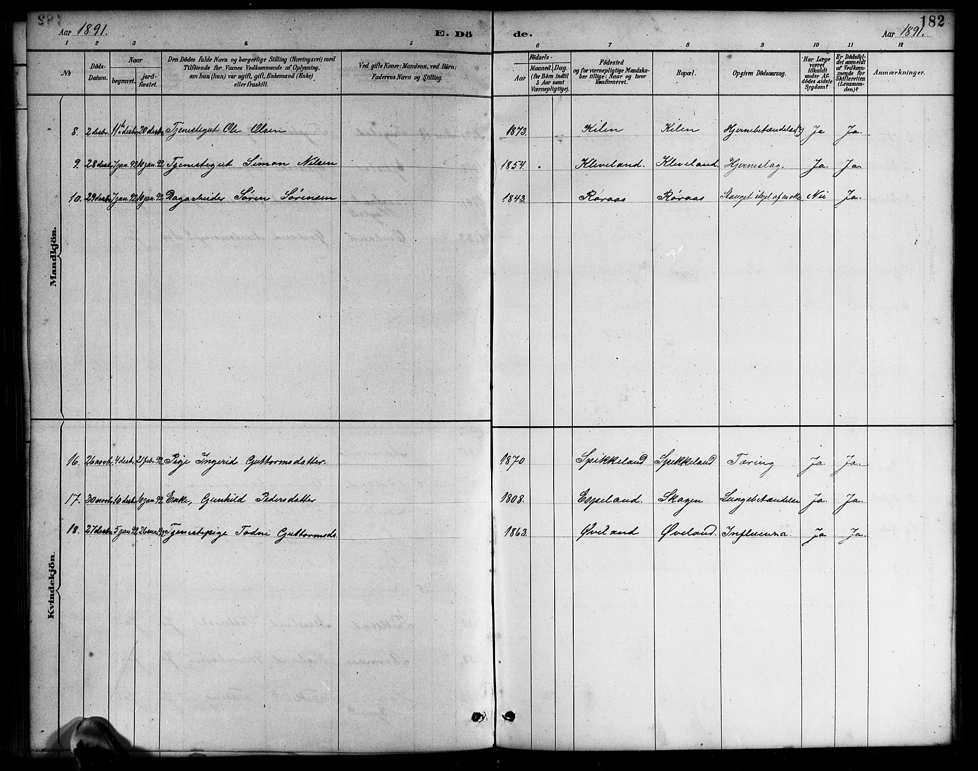 Bjelland sokneprestkontor, SAK/1111-0005/F/Fb/Fbb/L0005: Parish register (copy) no. B 5, 1887-1918, p. 182