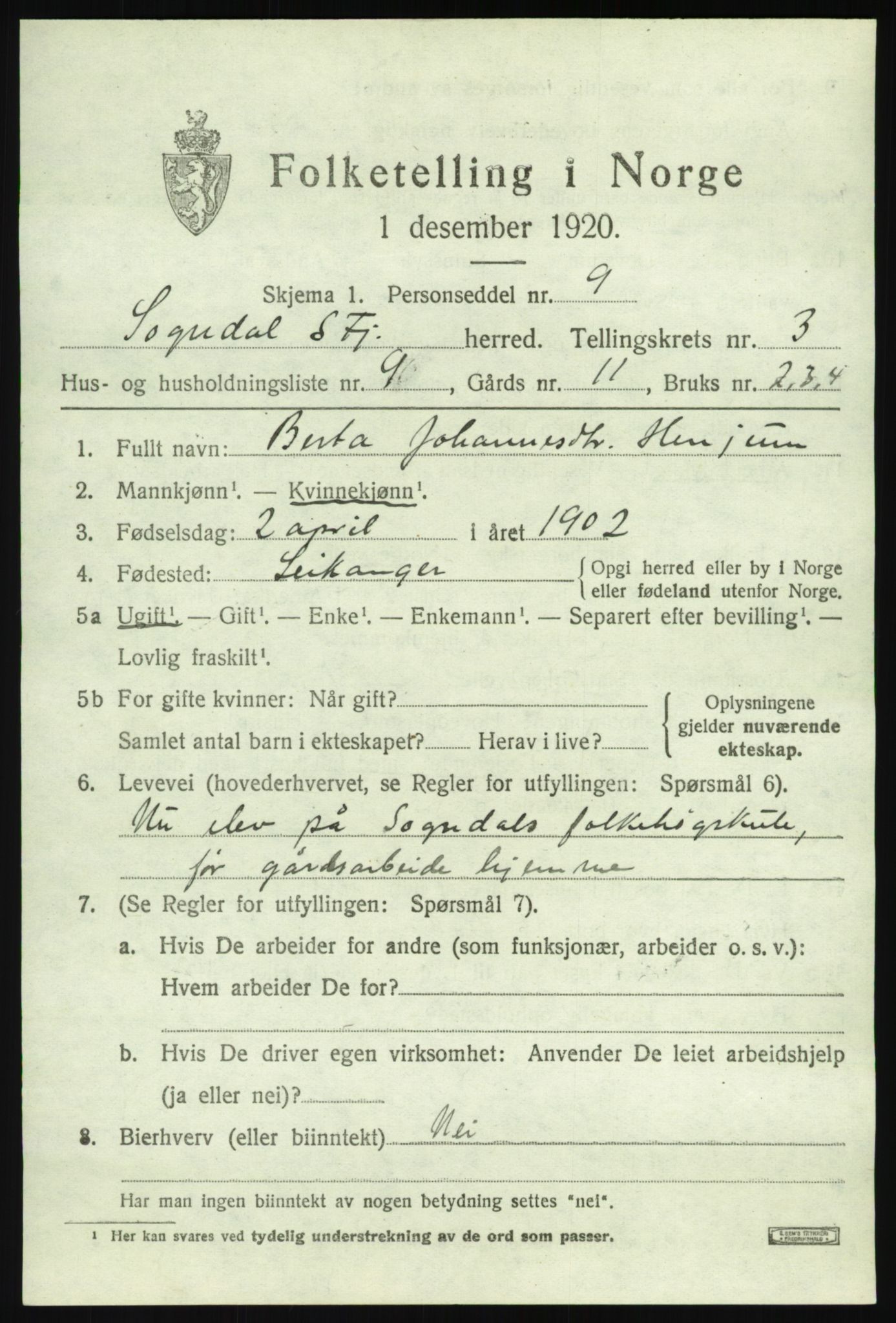 SAB, 1920 census for Sogndal, 1920, p. 2217