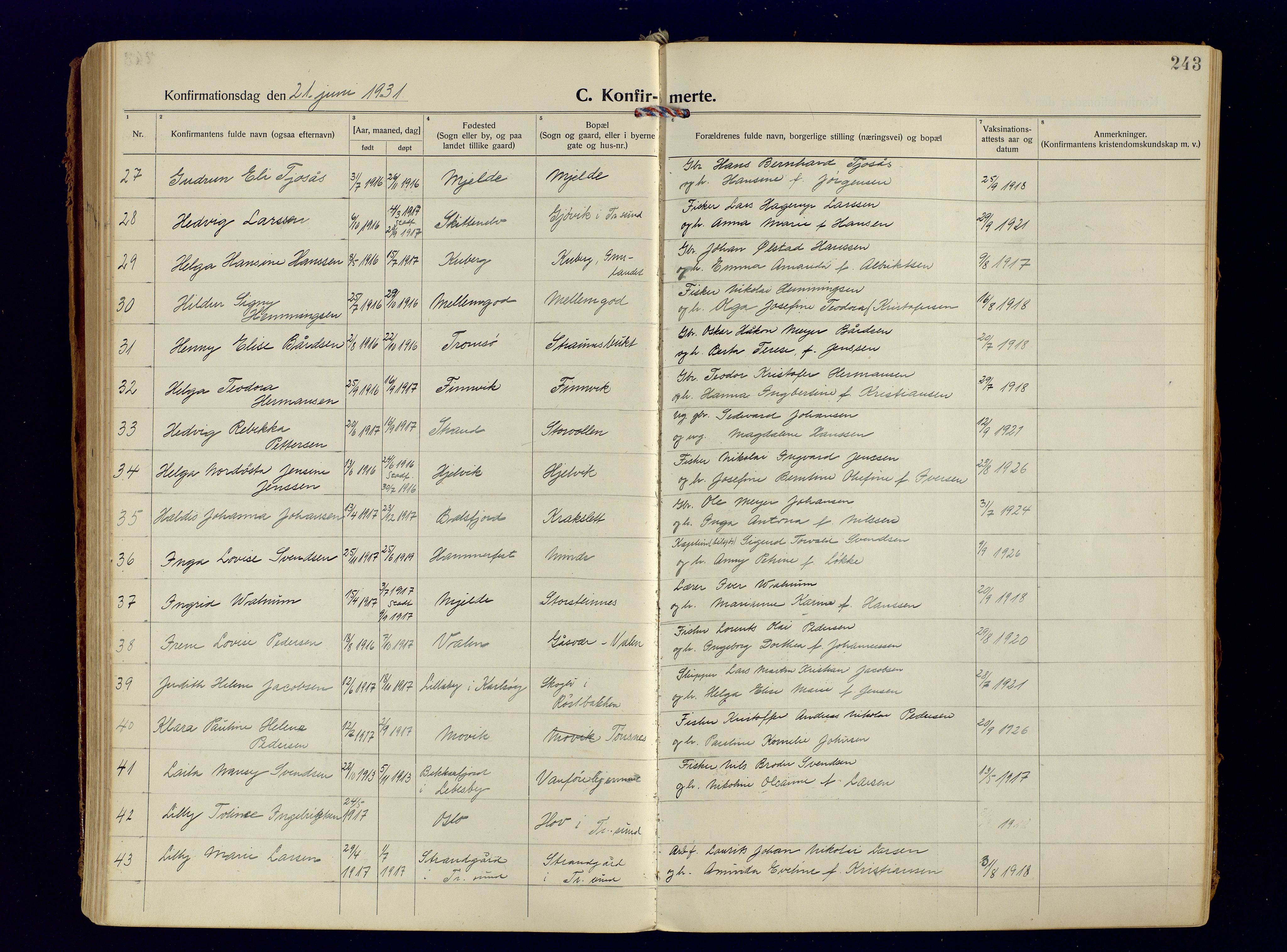 Tromsøysund sokneprestkontor, AV/SATØ-S-1304/G/Ga/L0009kirke: Parish register (official) no. 9, 1922-1934, p. 243