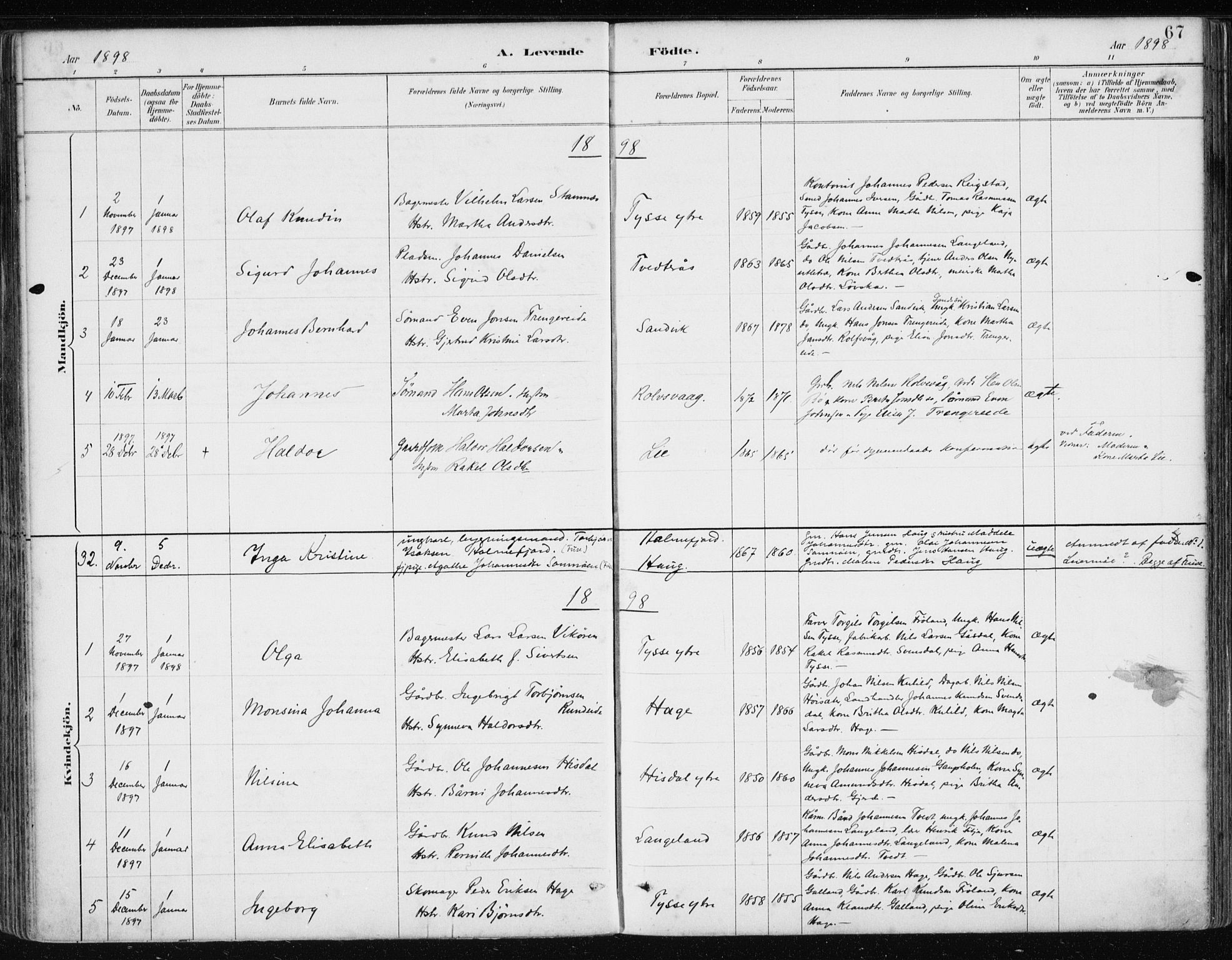 Samnanger Sokneprestembete, AV/SAB-A-77501/H/Haa: Parish register (official) no. A 1, 1885-1901, p. 67