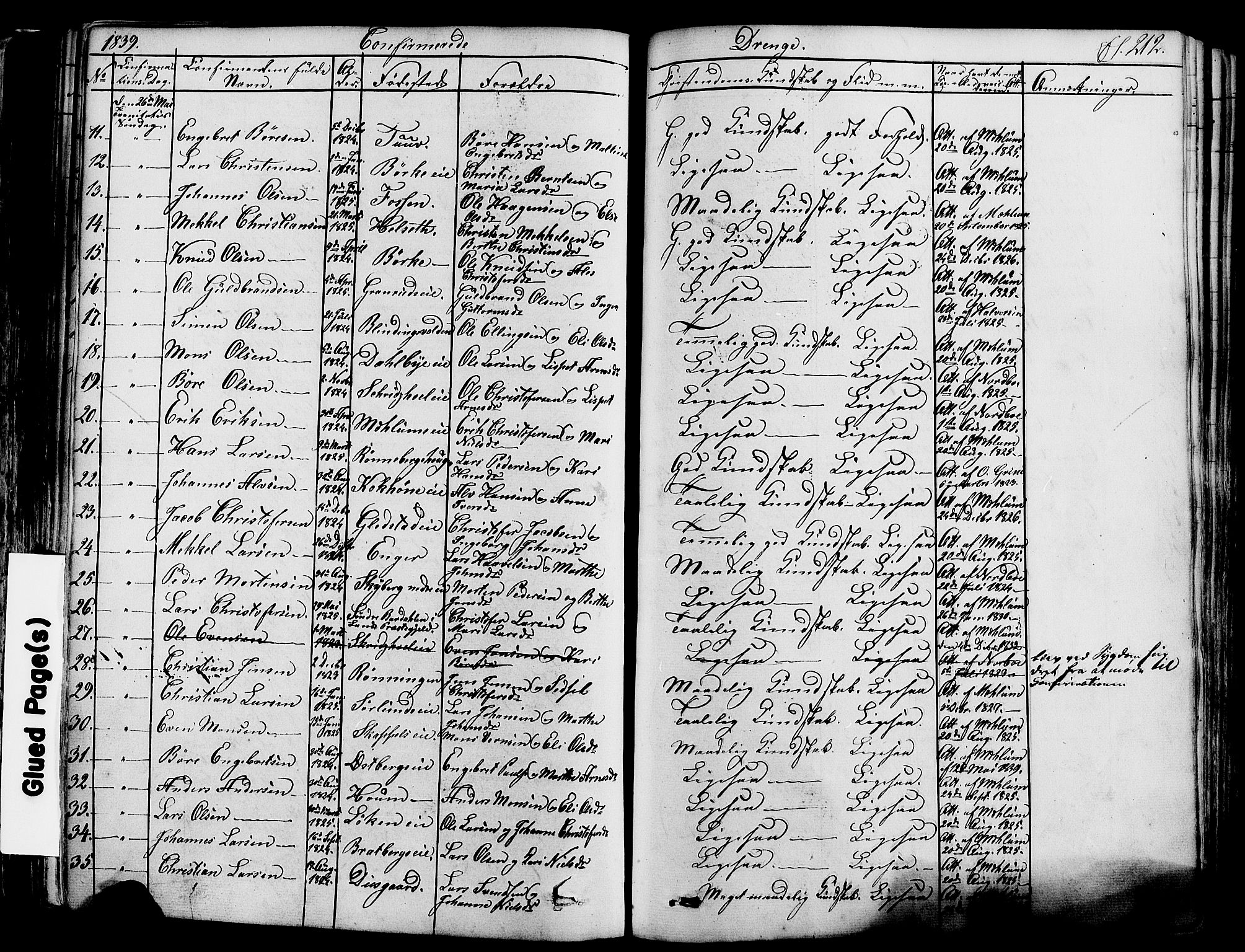 Ringsaker prestekontor, SAH/PREST-014/K/Ka/L0008: Parish register (official) no. 8, 1837-1850, p. 212