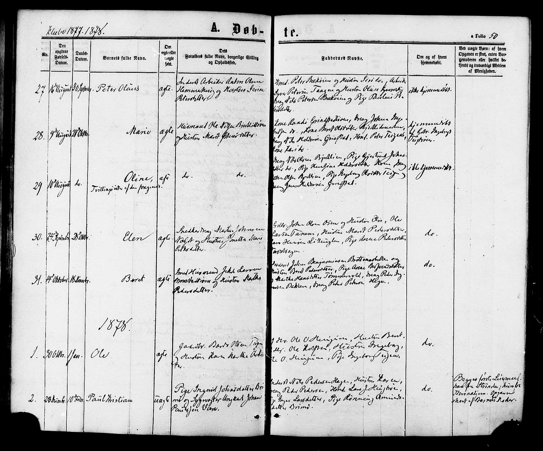 Ministerialprotokoller, klokkerbøker og fødselsregistre - Sør-Trøndelag, SAT/A-1456/618/L0442: Parish register (official) no. 618A06 /1, 1863-1879, p. 50