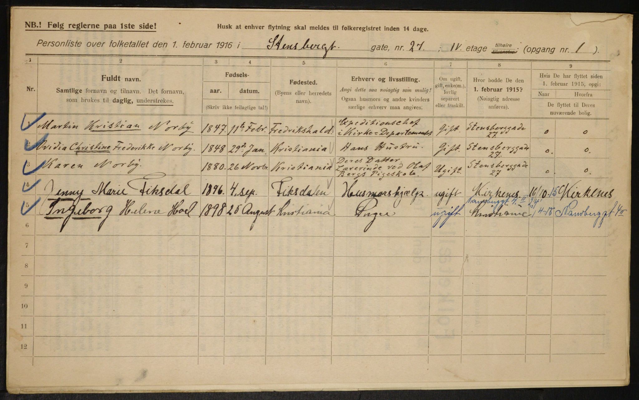 OBA, Municipal Census 1916 for Kristiania, 1916, p. 104434