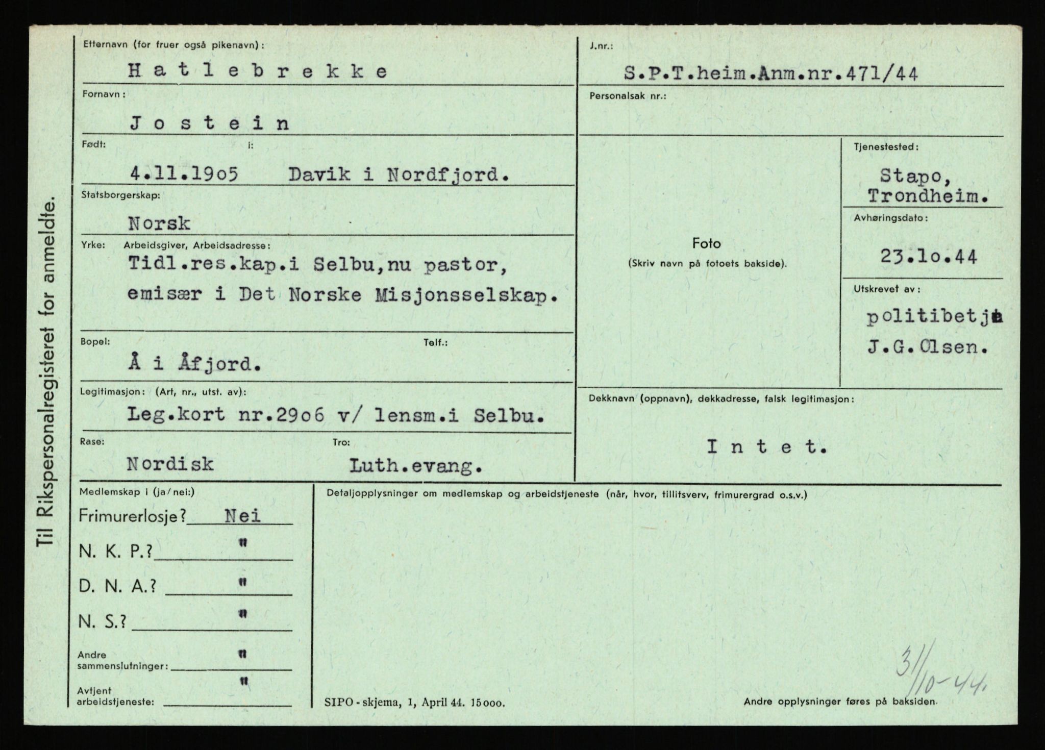 Statspolitiet - Hovedkontoret / Osloavdelingen, AV/RA-S-1329/C/Ca/L0006: Hanche - Hokstvedt, 1943-1945, p. 2046