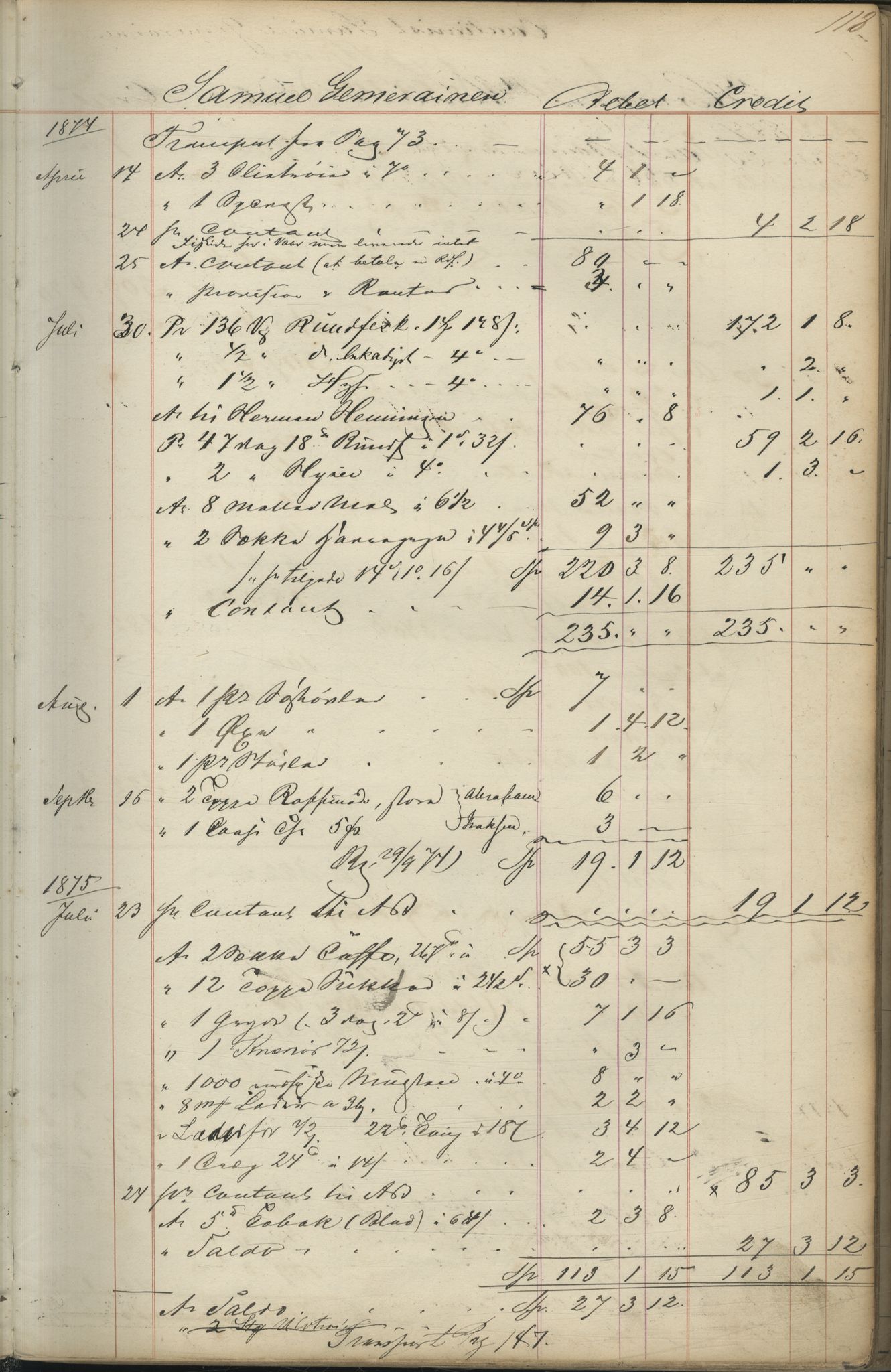 Brodtkorb handel A/S, VAMU/A-0001/F/Fc/L0001/0001: Konto for kvener og nordmenn på Kolahalvøya  / Conto for Kvæner og Nordmænd paa Russefinmarken No 1, 1868-1894, p. 118