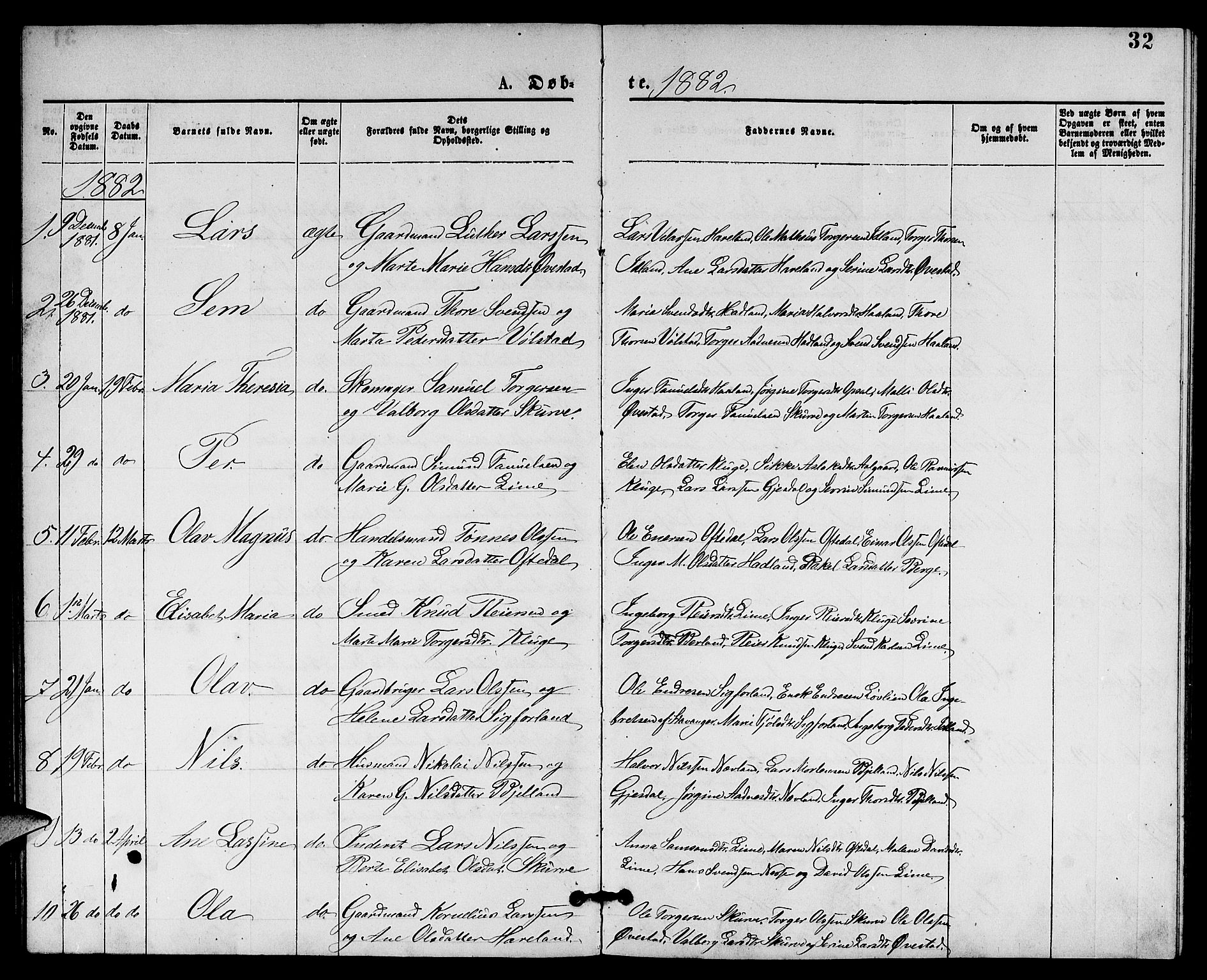 Lye sokneprestkontor, SAST/A-101794/001/30BB/L0005: Parish register (copy) no. B 5, 1875-1886, p. 32