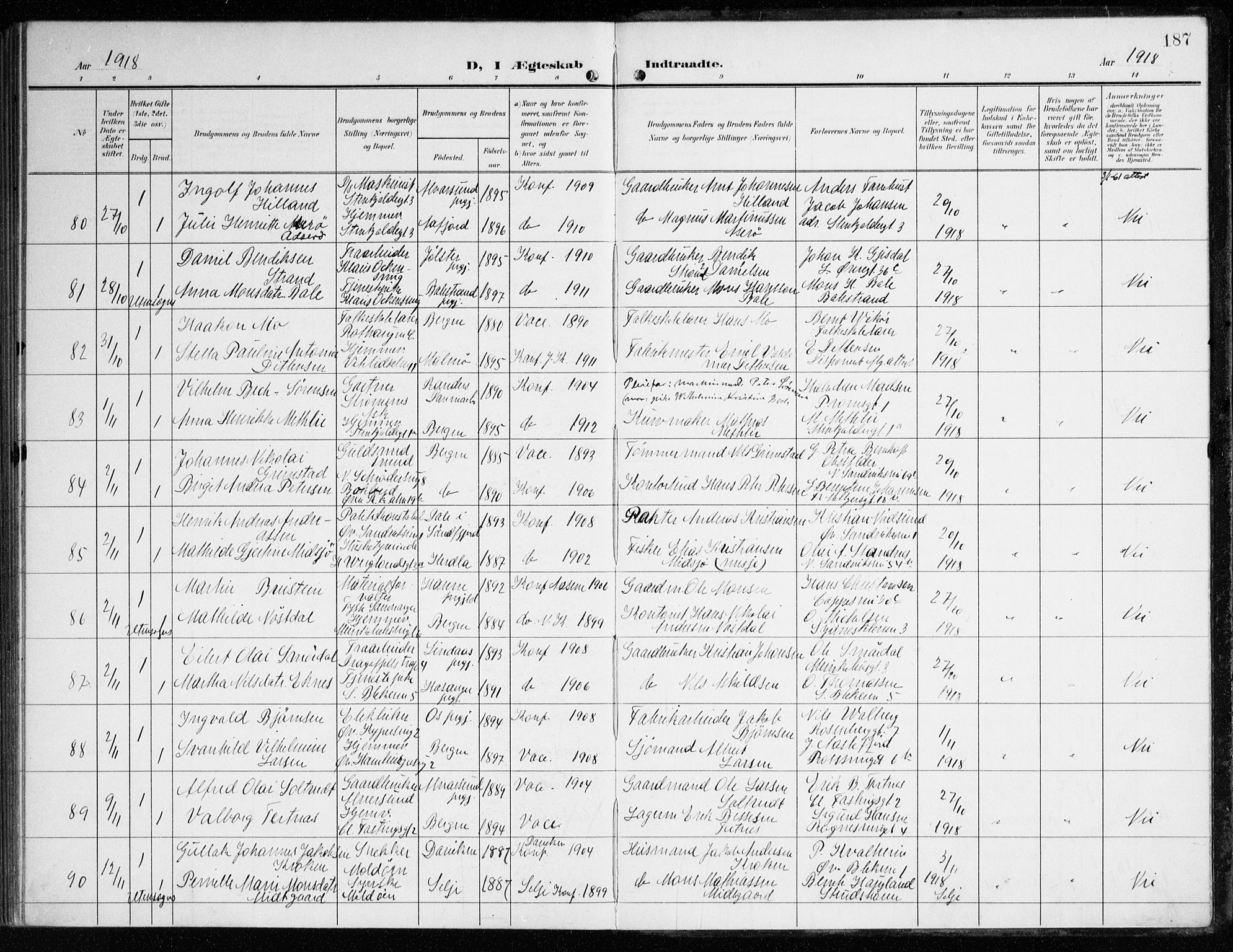 Korskirken sokneprestembete, AV/SAB-A-76101/H/Haa/L0038: Parish register (official) no. D 5, 1904-1919, p. 187