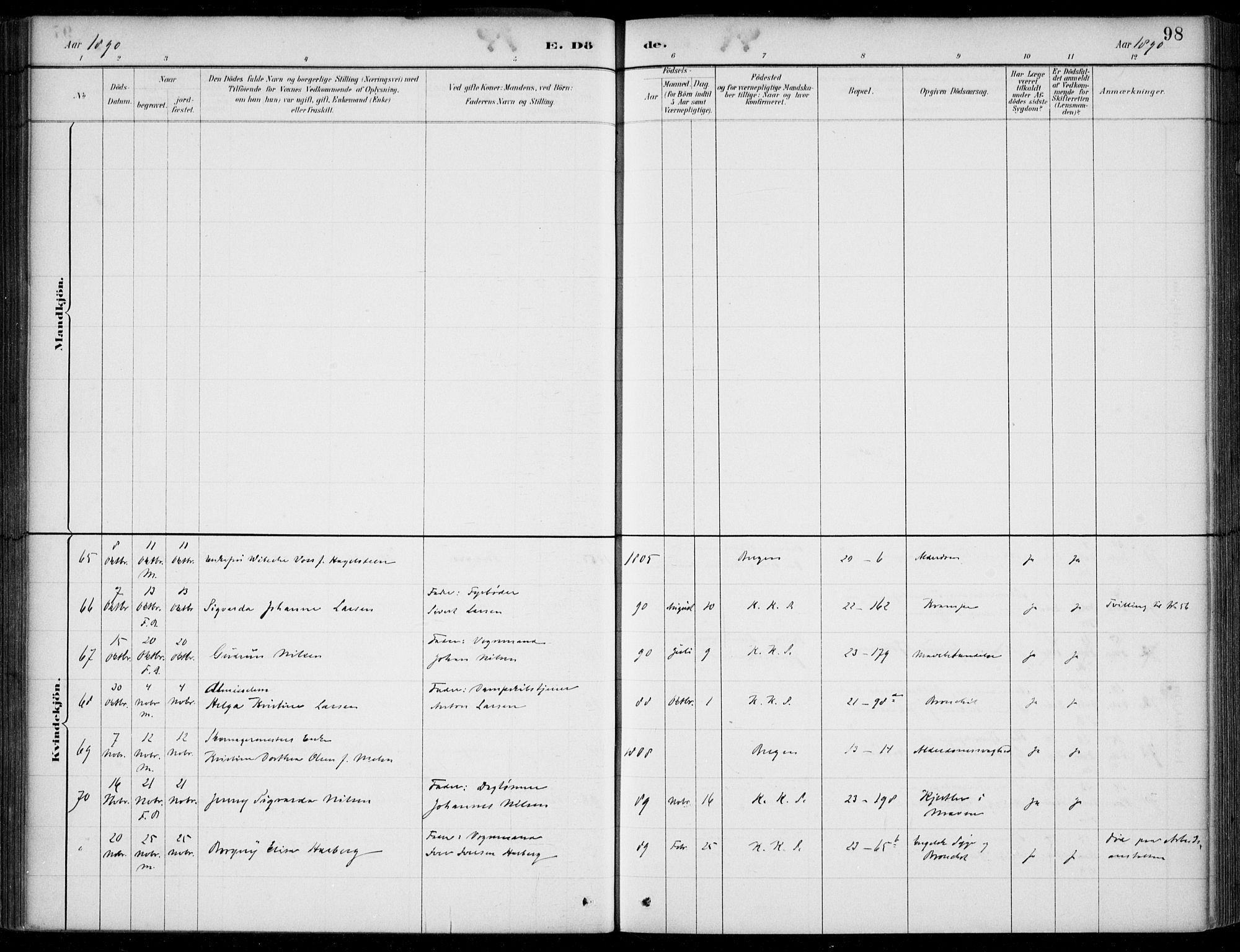 Korskirken sokneprestembete, AV/SAB-A-76101/H/Hab: Parish register (copy) no. E 4, 1884-1910, p. 98