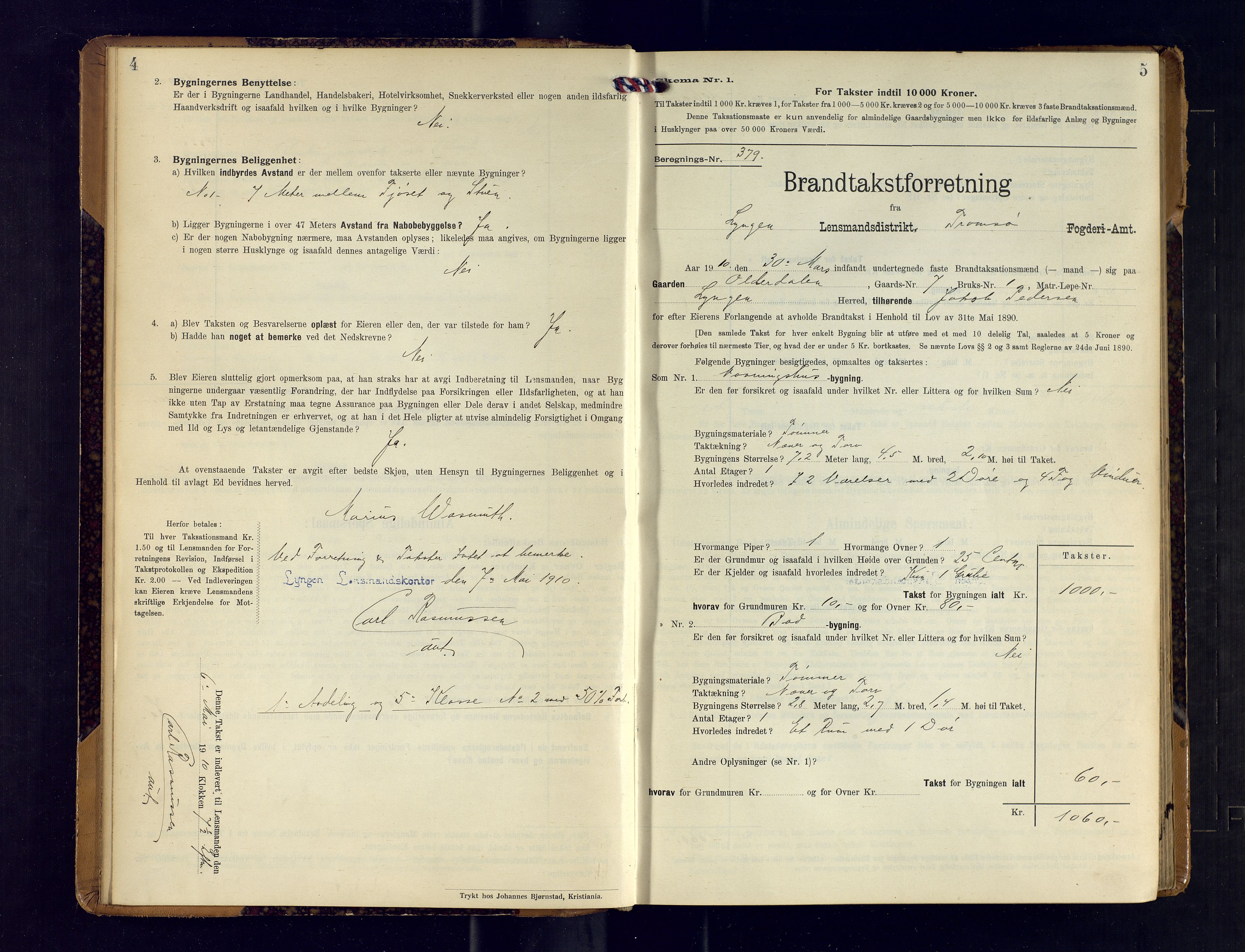 Lyngen lensmannskontor, AV/SATØ-SATO-99/F/Fm/Fmb/L0118: Branntakstprotokoller, 1910-1917, p. 4-5