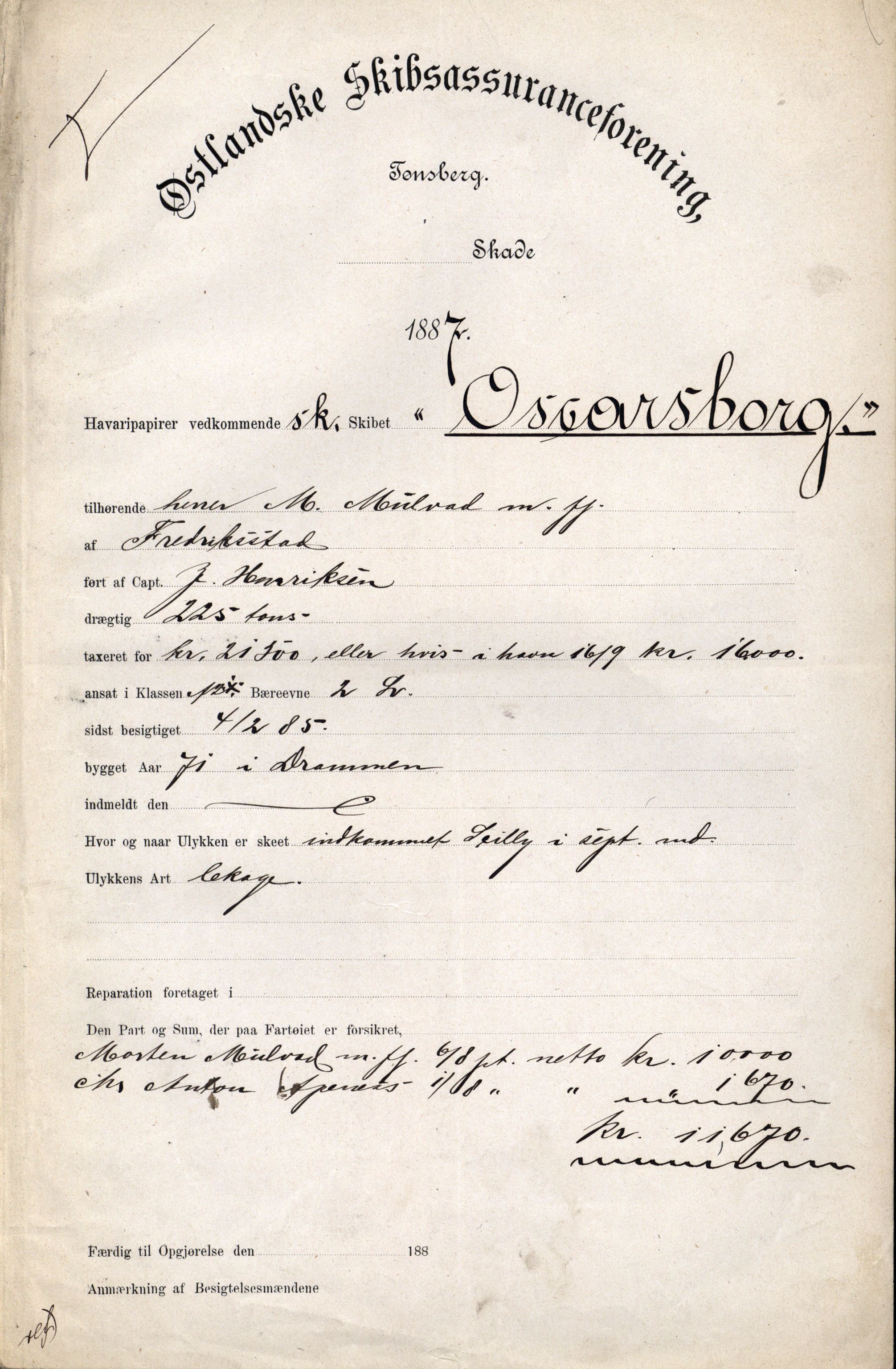 Pa 63 - Østlandske skibsassuranceforening, VEMU/A-1079/G/Ga/L0020/0010: Havaridokumenter / Anna, Silome, Oscarsborg, Memoria, Telegraf, 1887, p. 3