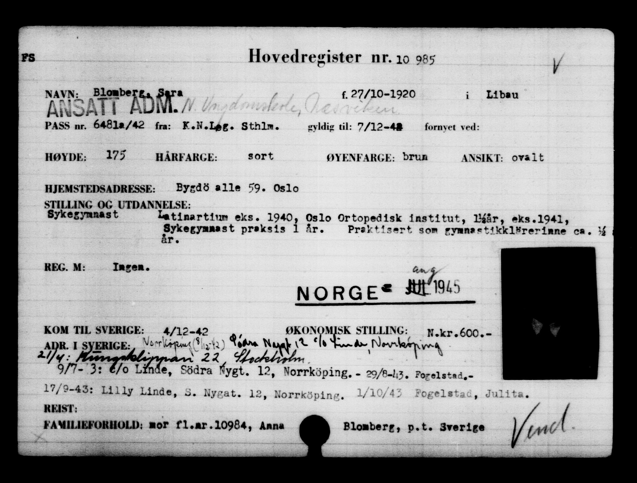 Den Kgl. Norske Legasjons Flyktningskontor, RA/S-6753/V/Va/L0006: Kjesäterkartoteket.  Flyktningenr. 9400-12711, 1940-1945, p. 1807