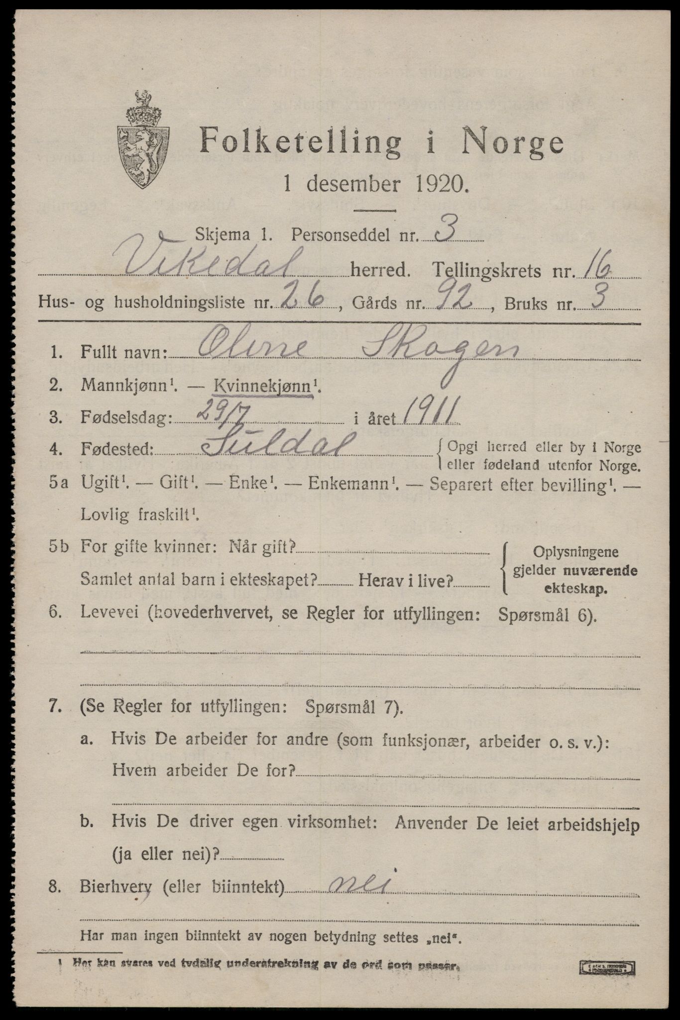 SAST, 1920 census for Vikedal, 1920, p. 4997