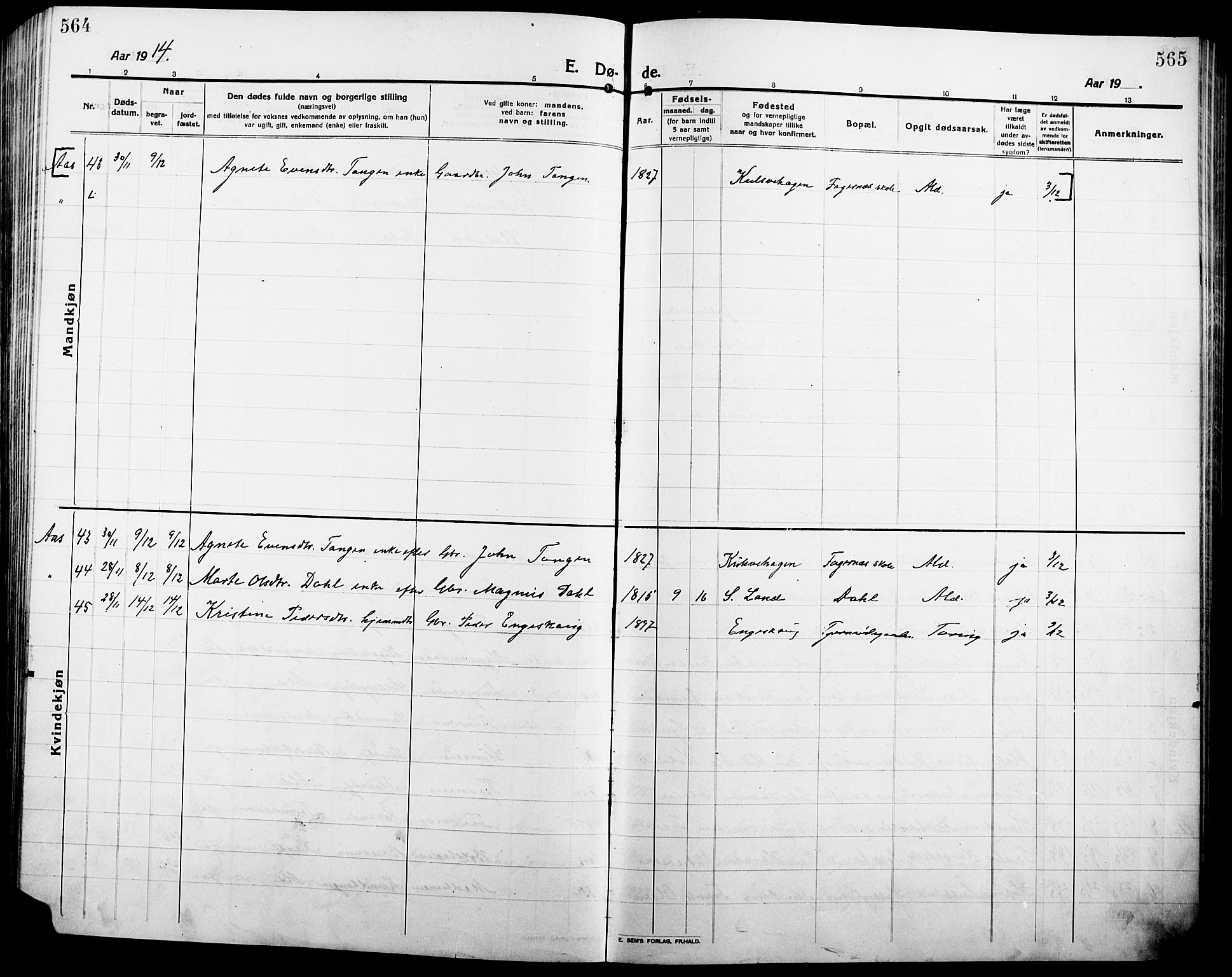 Ringsaker prestekontor, AV/SAH-PREST-014/L/La/L0018: Parish register (copy) no. 18, 1913-1922, p. 564-565