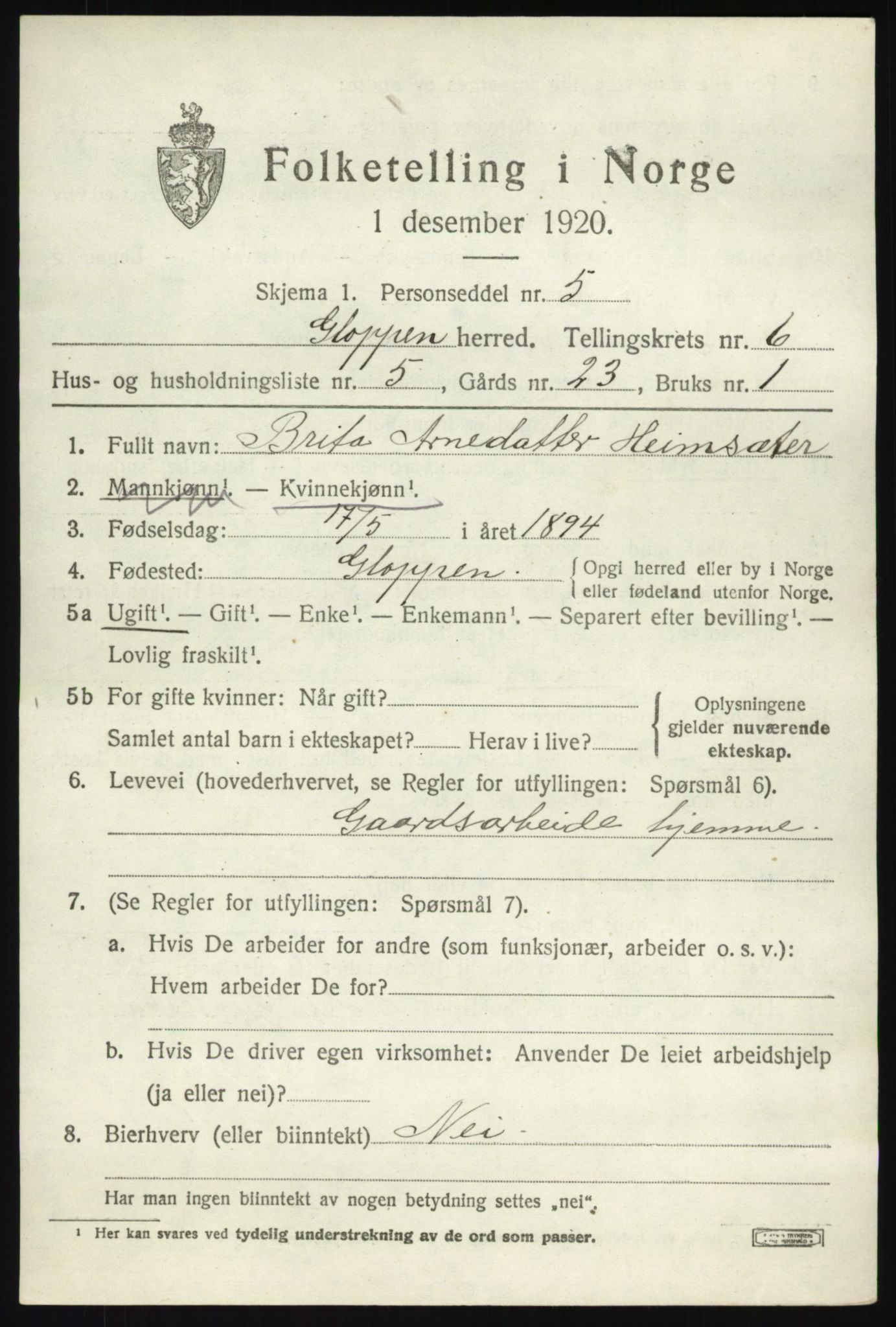 SAB, 1920 census for Gloppen, 1920, p. 3766