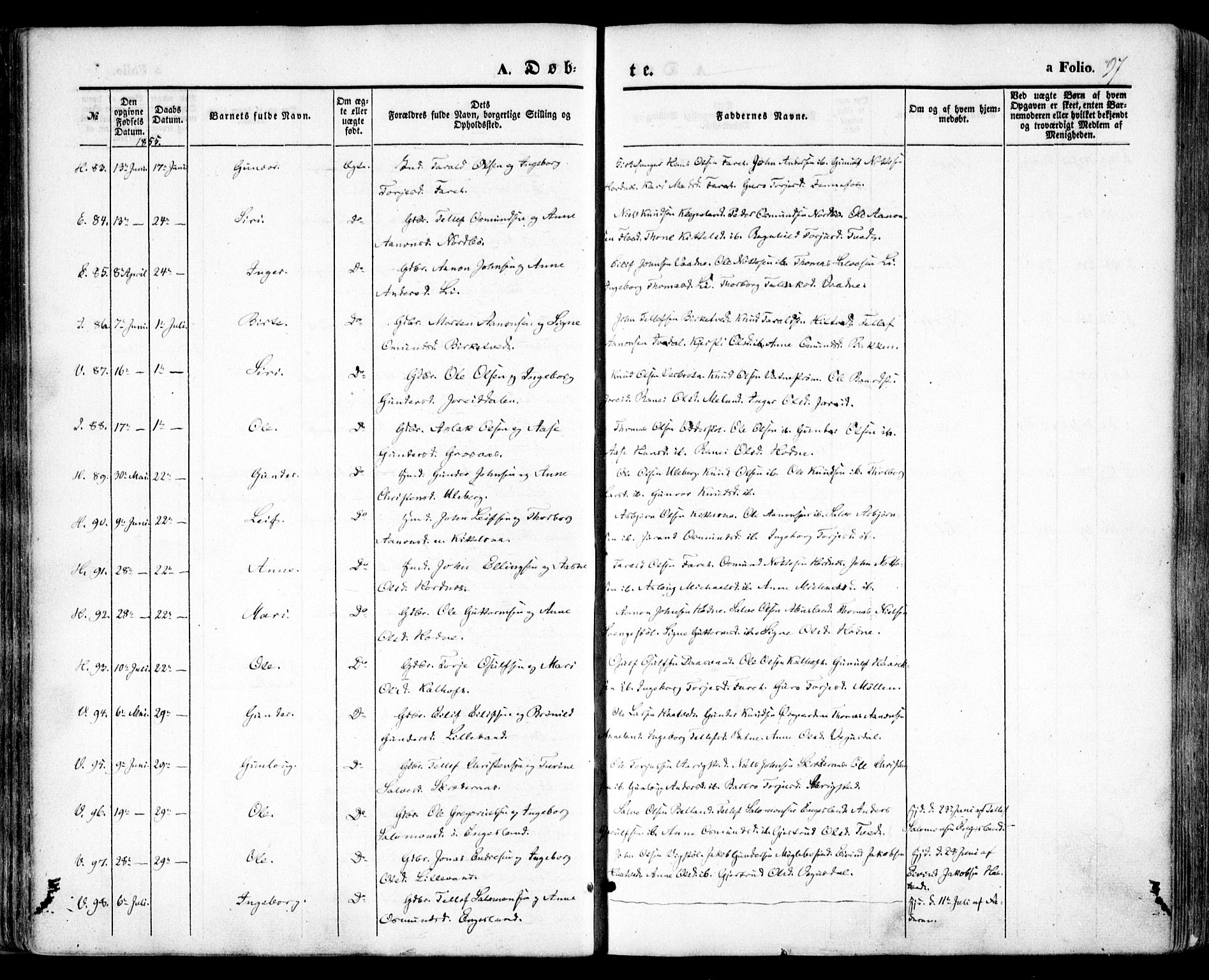 Evje sokneprestkontor, AV/SAK-1111-0008/F/Fa/Faa/L0005: Parish register (official) no. A 5, 1843-1865, p. 97