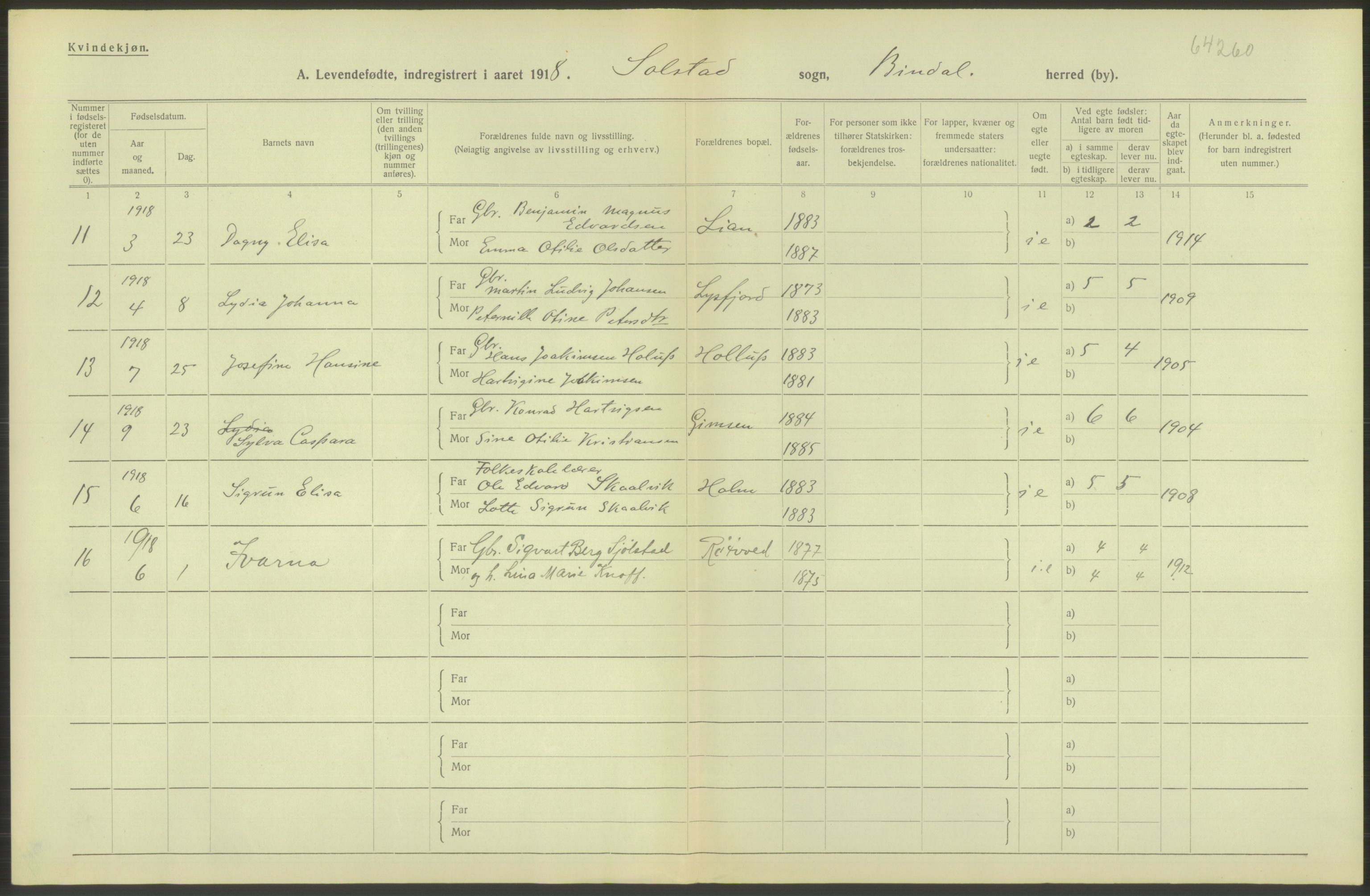 Statistisk sentralbyrå, Sosiodemografiske emner, Befolkning, AV/RA-S-2228/D/Df/Dfb/Dfbh/L0052: Nordland fylke: Levendefødte menn og kvinner. Bygder., 1918, p. 338