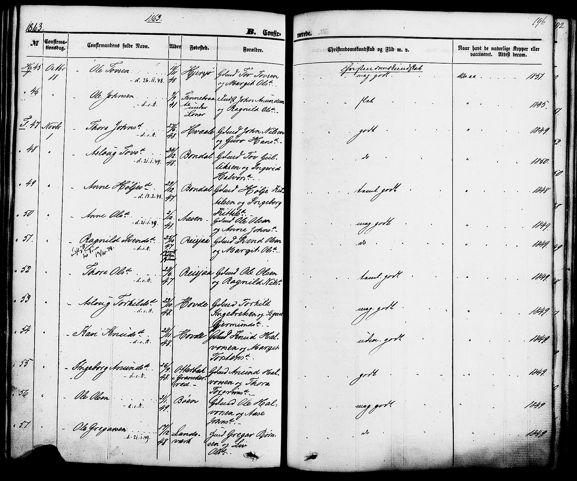 Hjartdal kirkebøker, SAKO/A-270/F/Fa/L0009: Parish register (official) no. I 9, 1860-1879, p. 196