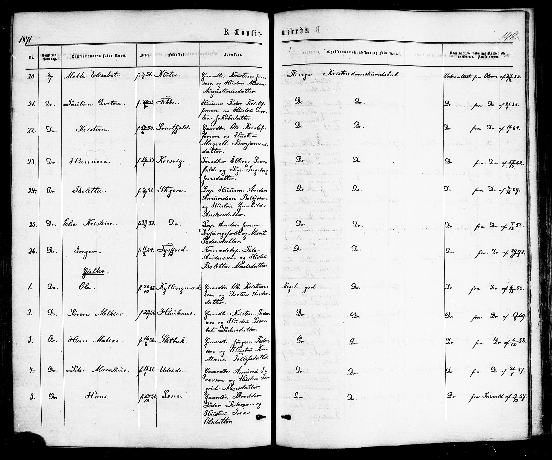 Ministerialprotokoller, klokkerbøker og fødselsregistre - Nordland, SAT/A-1459/859/L0845: Parish register (official) no. 859A05, 1863-1877, p. 148