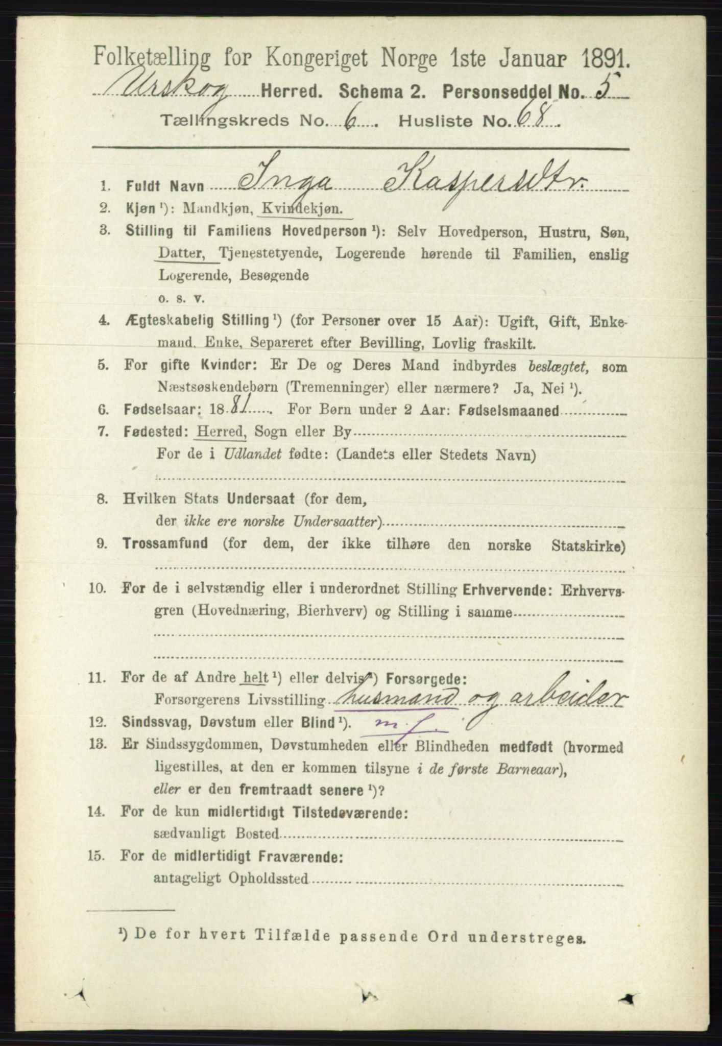 RA, 1891 census for 0224 Aurskog, 1891, p. 3158