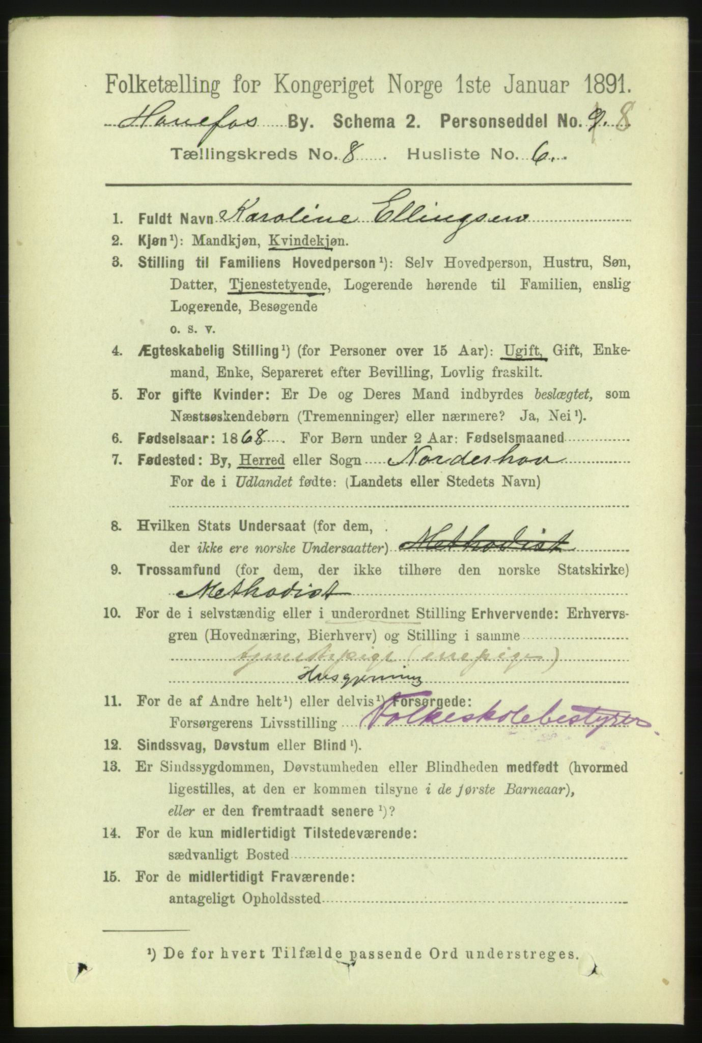 RA, 1891 census for 0601 Hønefoss, 1891, p. 1319