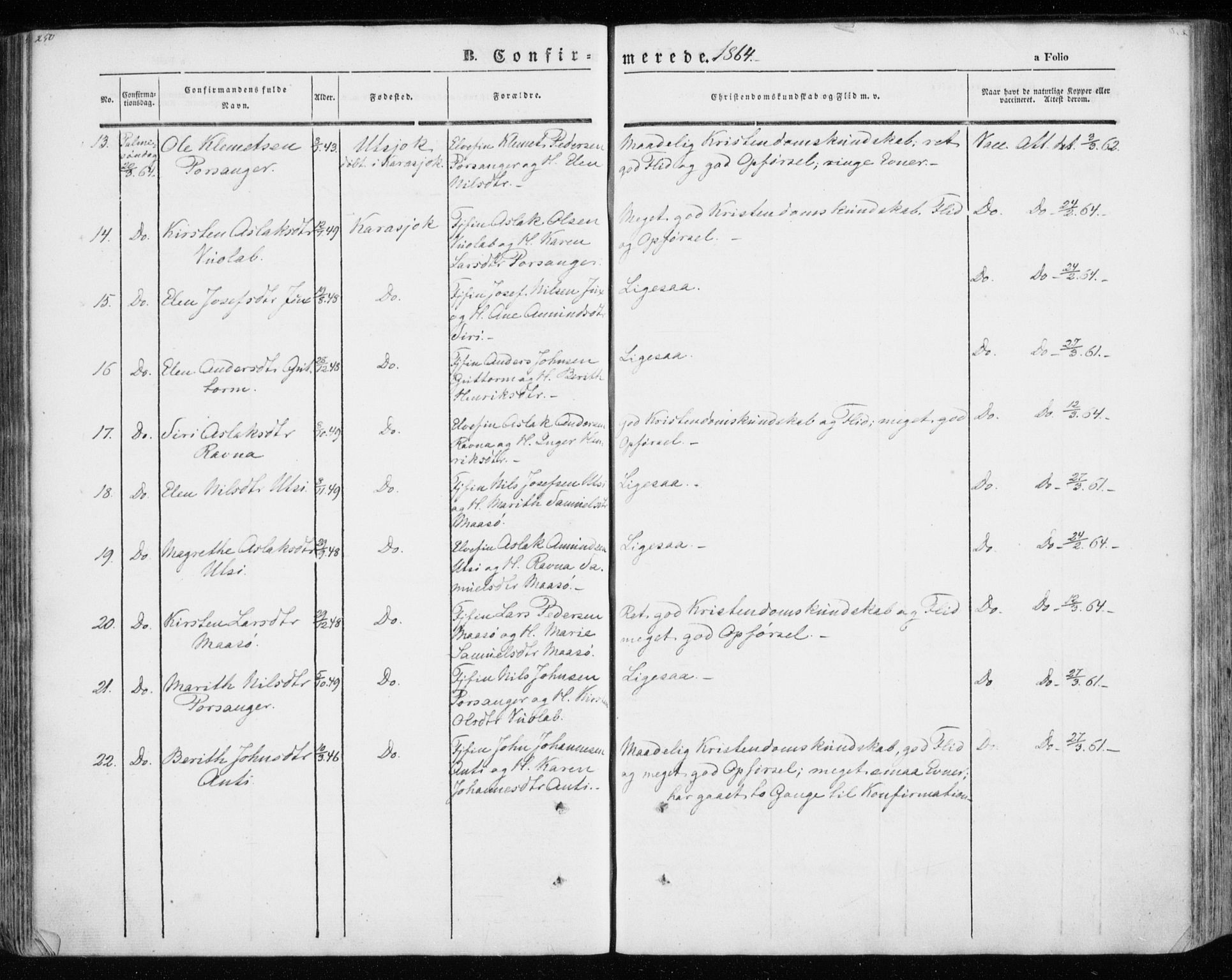 Kistrand/Porsanger sokneprestembete, AV/SATØ-S-1351/H/Ha/L0012.kirke: Parish register (official) no. 12, 1843-1871, p. 250-251