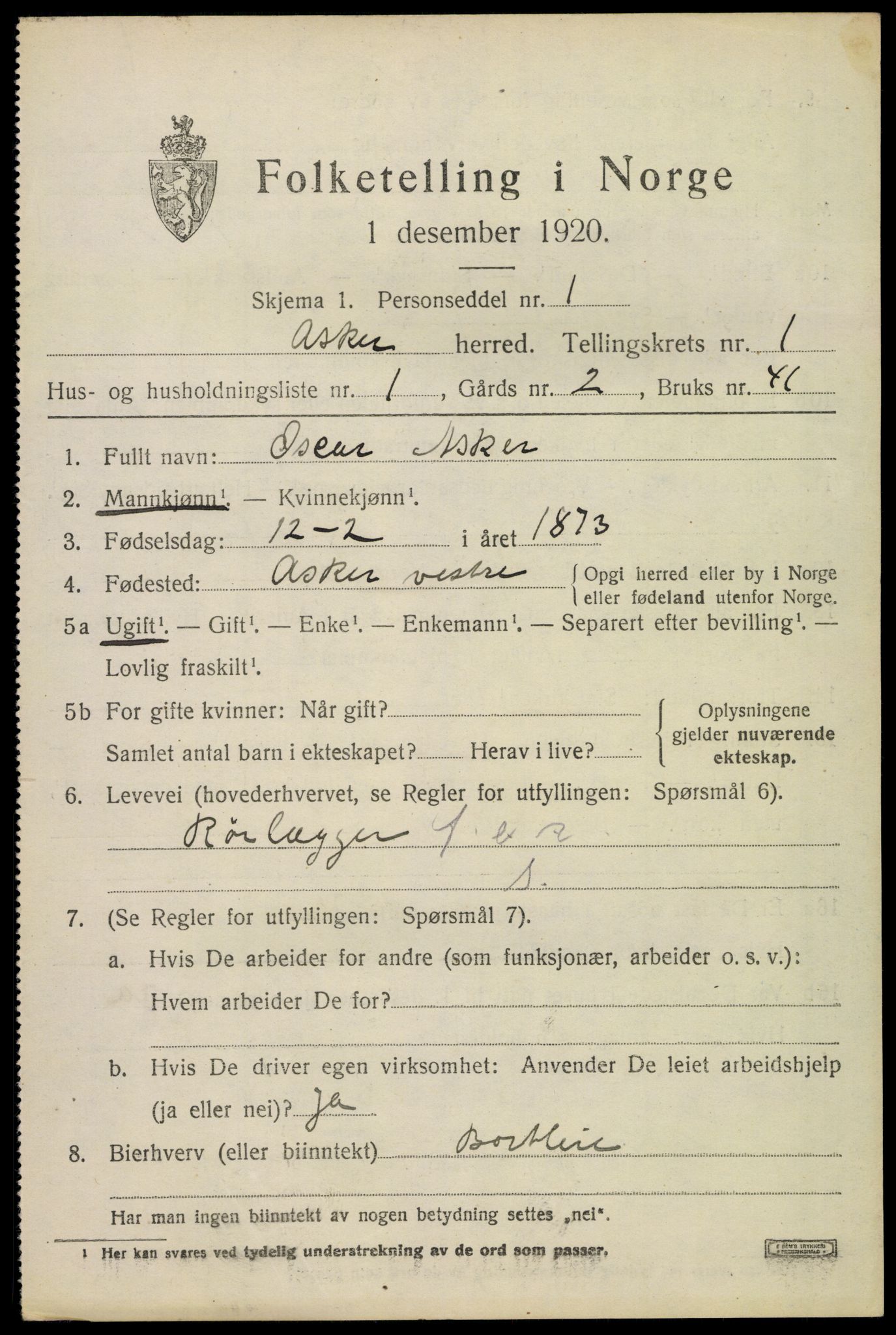 SAO, 1920 census for Asker, 1920, p. 2298