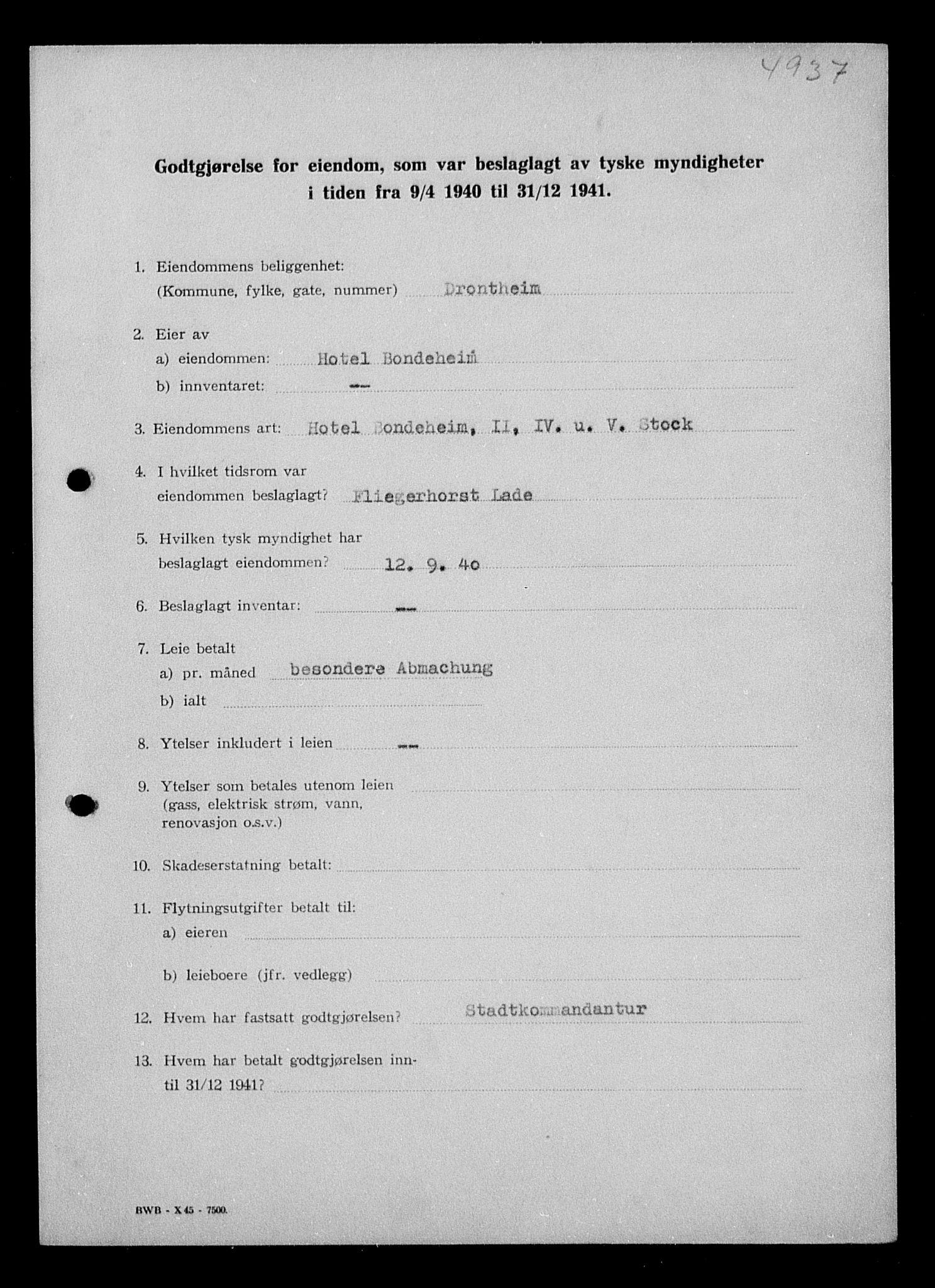 Justisdepartementet, Tilbakeføringskontoret for inndratte formuer, AV/RA-S-1564/I/L1018: Godtgjørelse for beslaglagt eiendom, 1940-1941, p. 8