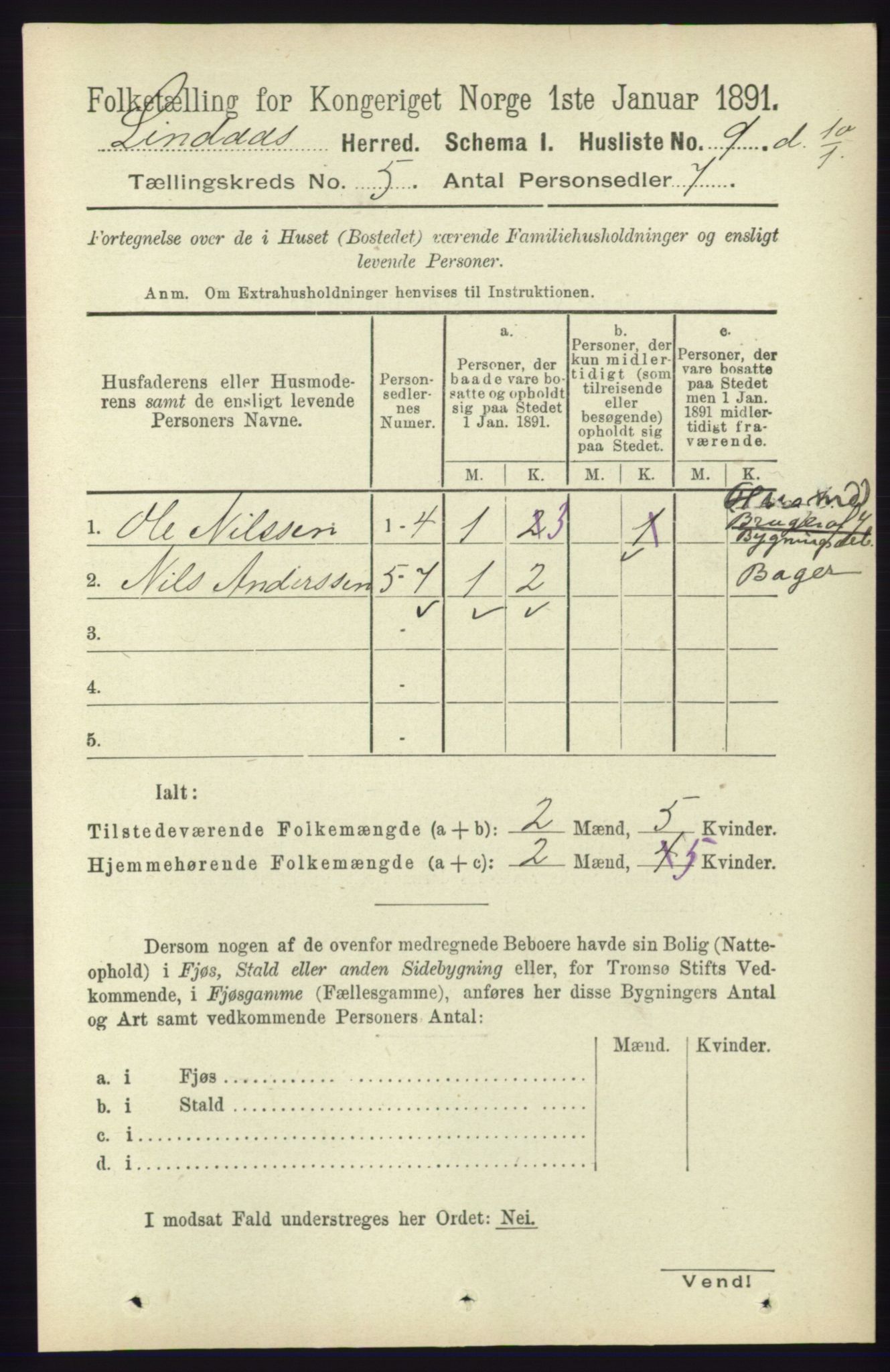 RA, 1891 census for 1263 Lindås, 1891, p. 1404